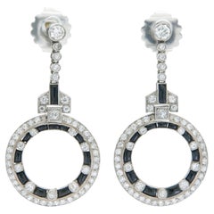 Antique Art Deco Onyx and Diamond Circle Dangle Earrings