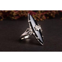 Antique Art Deco Onyx and Diamond Navette Ring, 1940s Marquise Diamond Ring