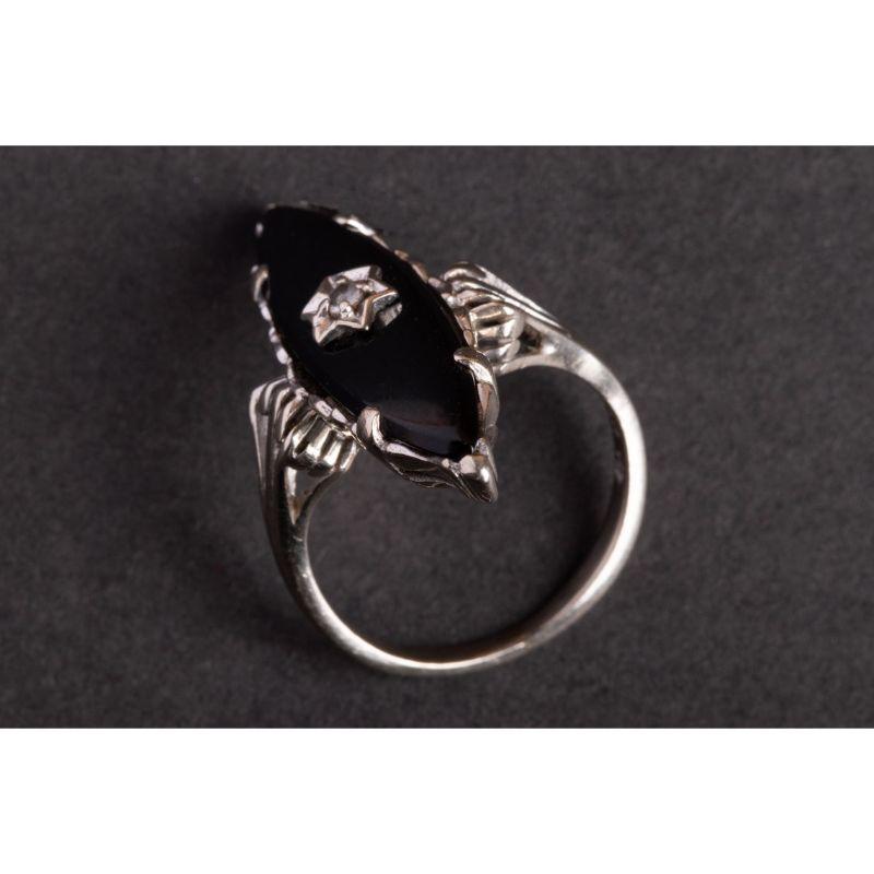 For Sale:  Antique Art Deco Onyx and Diamond Navette Ring, 1940s Marquise Diamond Ring 5