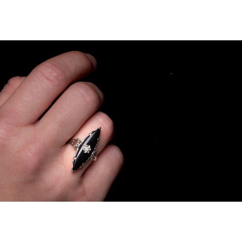 For Sale:  Antique Art Deco Onyx and Diamond Navette Ring, 1940s Marquise Diamond Ring 6