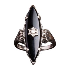 Antique Art Deco Onyx and Diamond Navette Ring, 1940s Marquise Diamond Ring