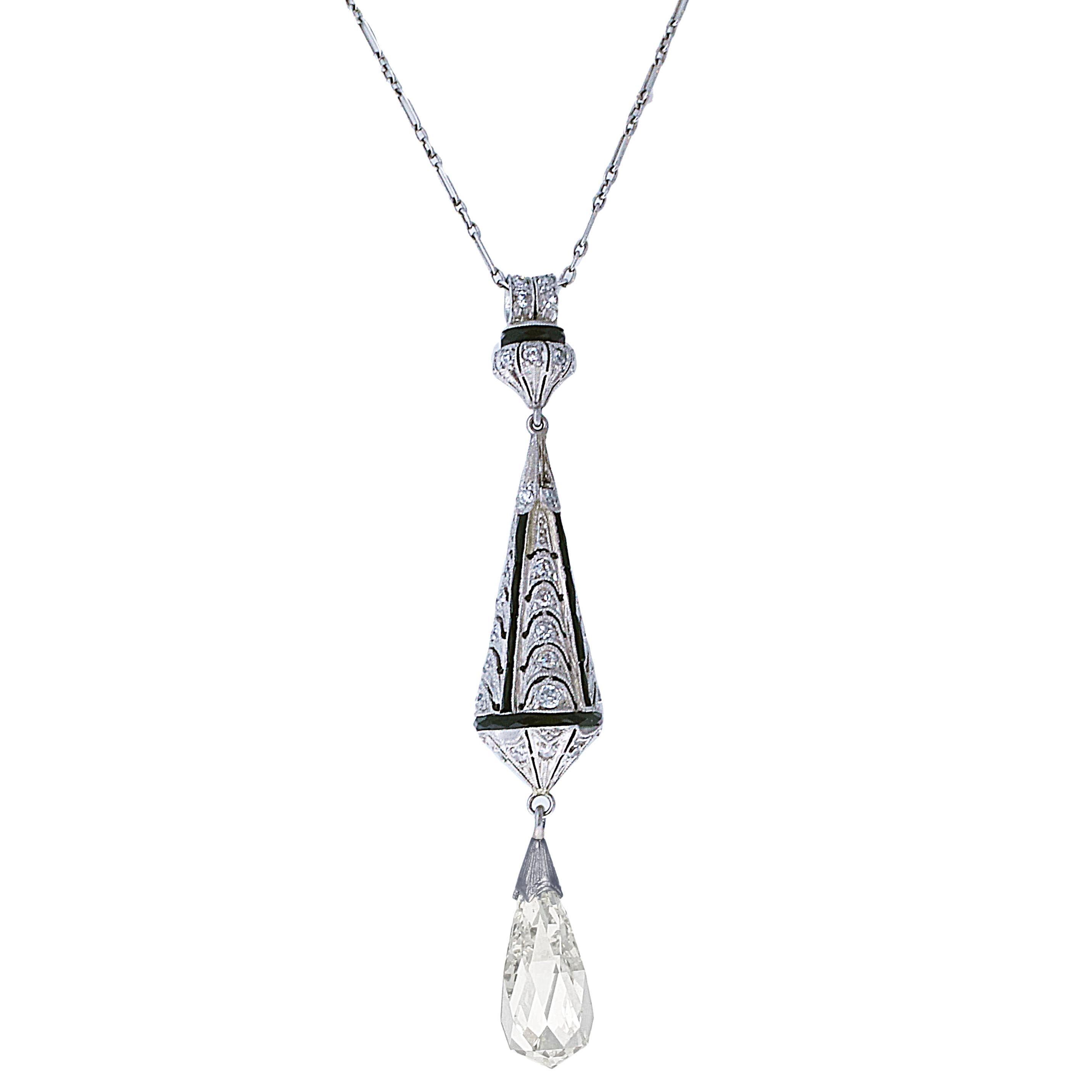 Briolette Cut Antique Art Deco 3.96 Carat GIA Certified Diamond Drop Pendant Necklace For Sale