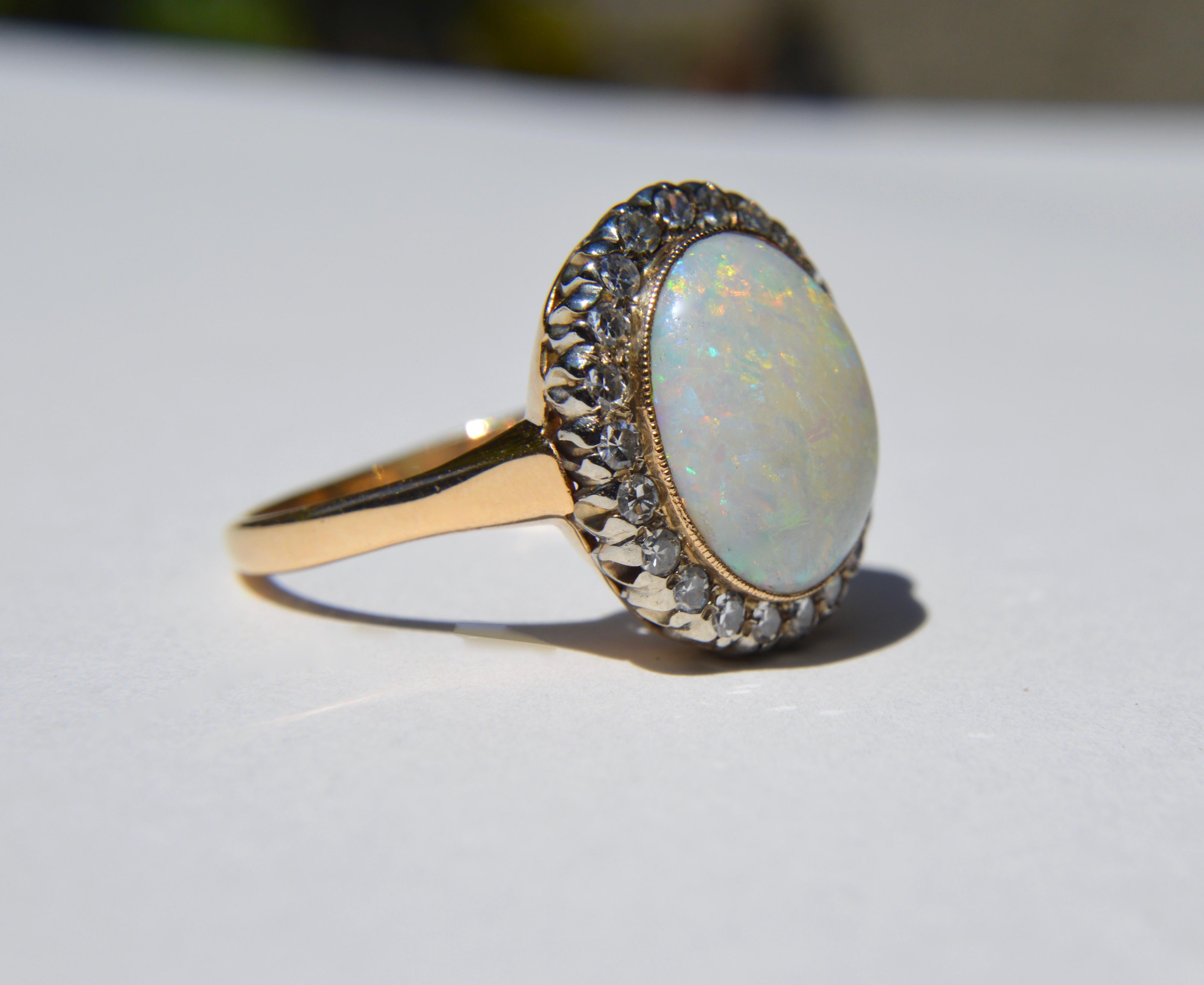 Old European Cut Antique Art Deco Opal Diamond Halo 14 Karat Gold 6 Carat Cocktail Ring For Sale