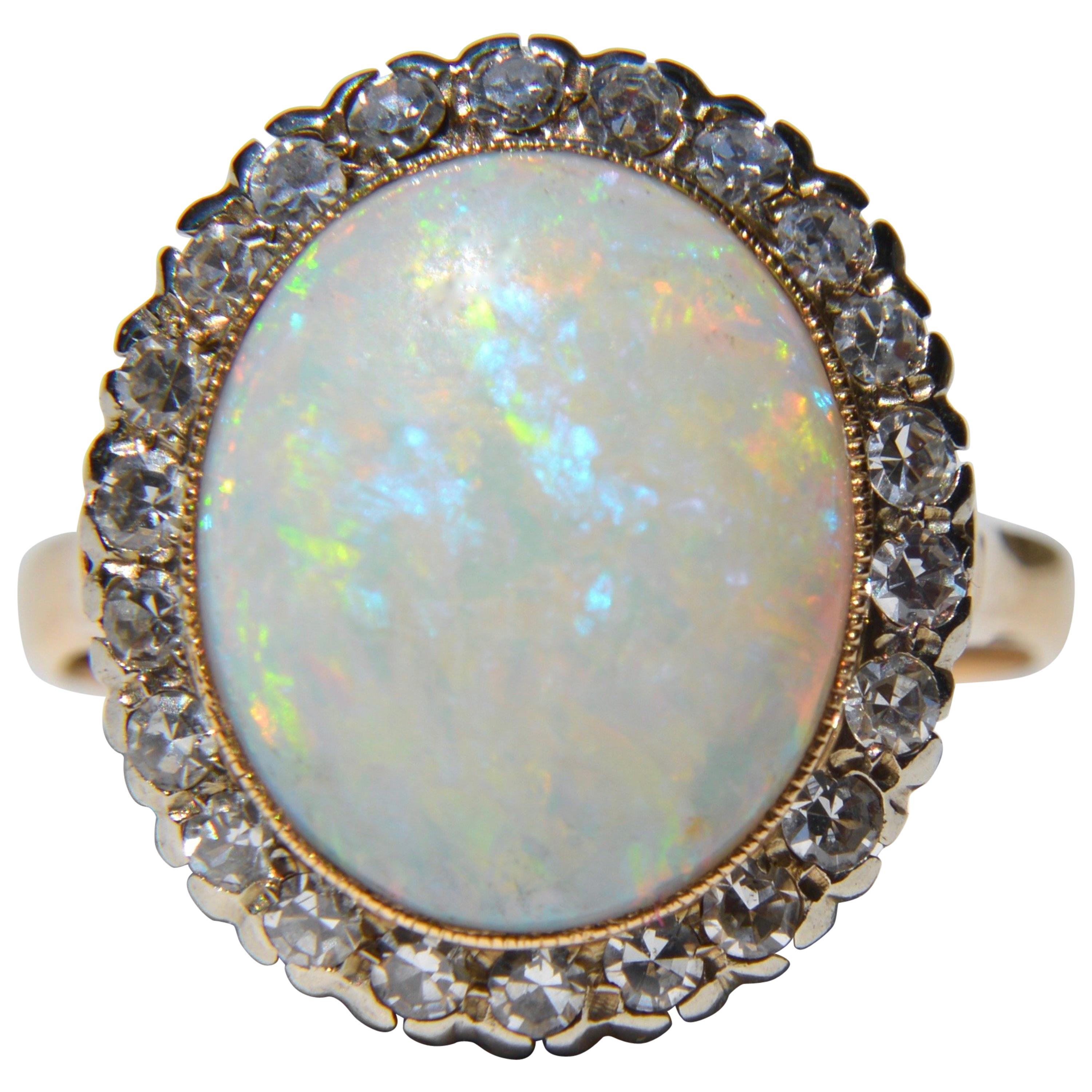 Antique Art Deco Opal Diamond Halo 14 Karat Gold 6 Carat Cocktail Ring For Sale