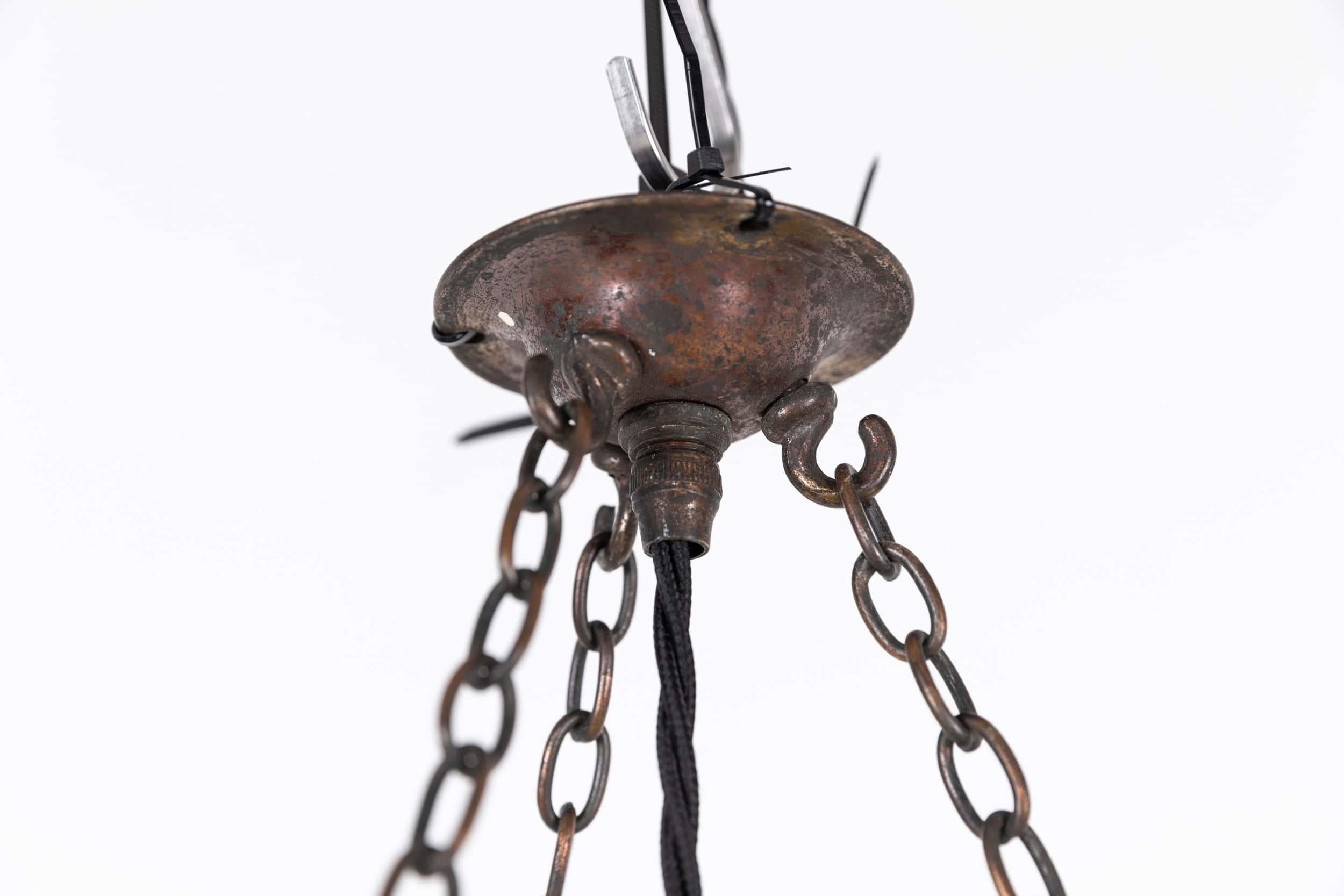 20th Century Antique Art Deco Opaline White Glass Copper Plafonnier Light Pendant, C.1930