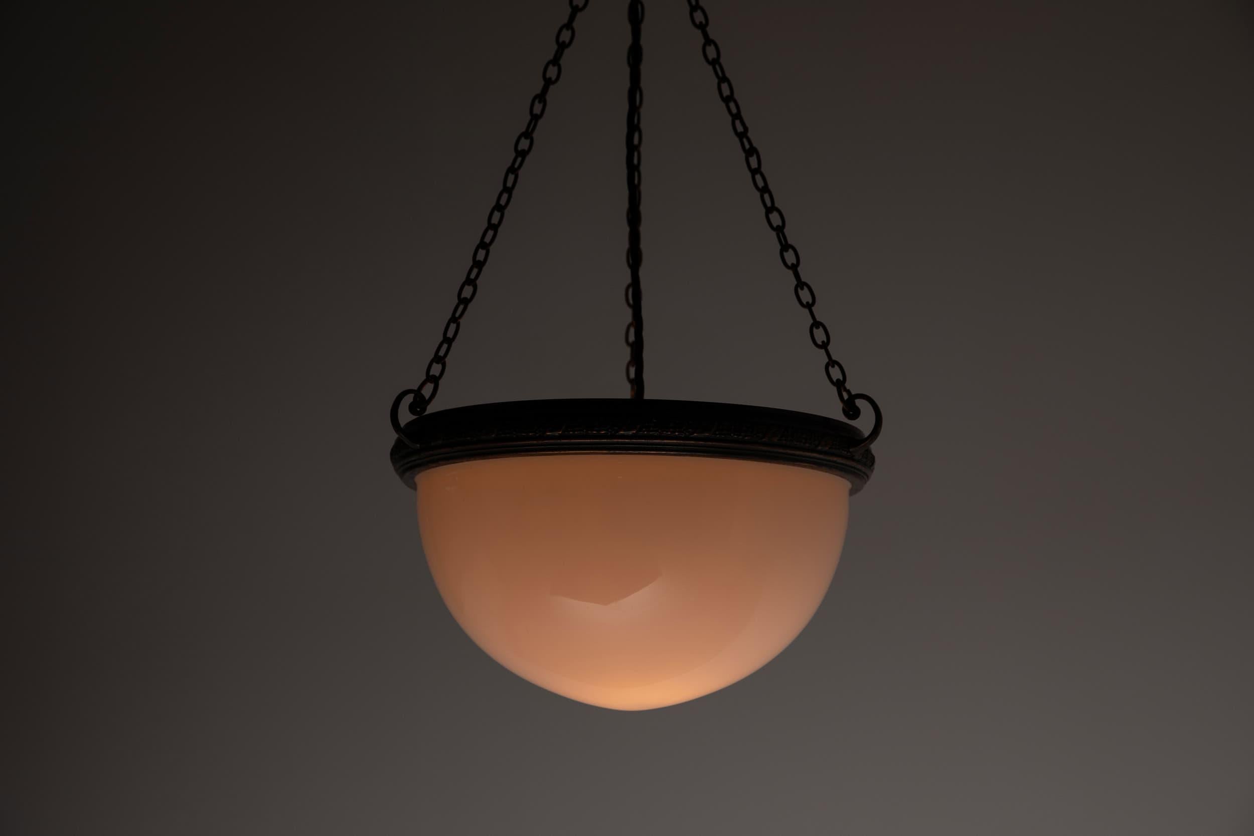 Antique Art Deco Opaline White Glass Copper Plafonnier Light Pendant, C.1930 1