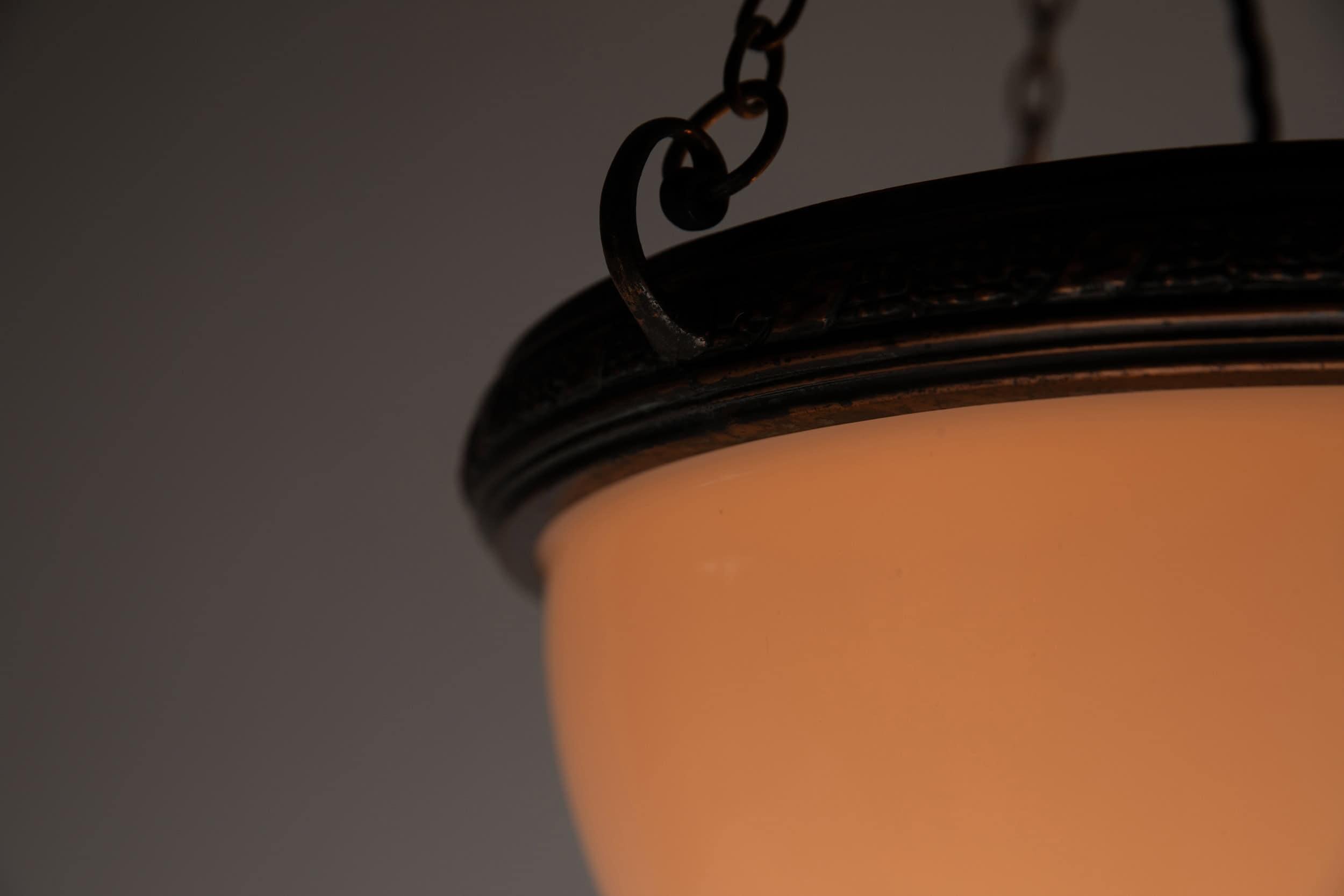 Antique Art Deco Opaline White Glass Copper Plafonnier Light Pendant, C.1930 2