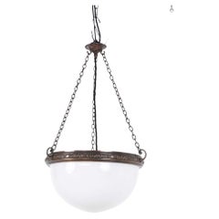 Antiguo Art Decó Plafonnier colgante de cristal blanco opalino de cobre, C.1930