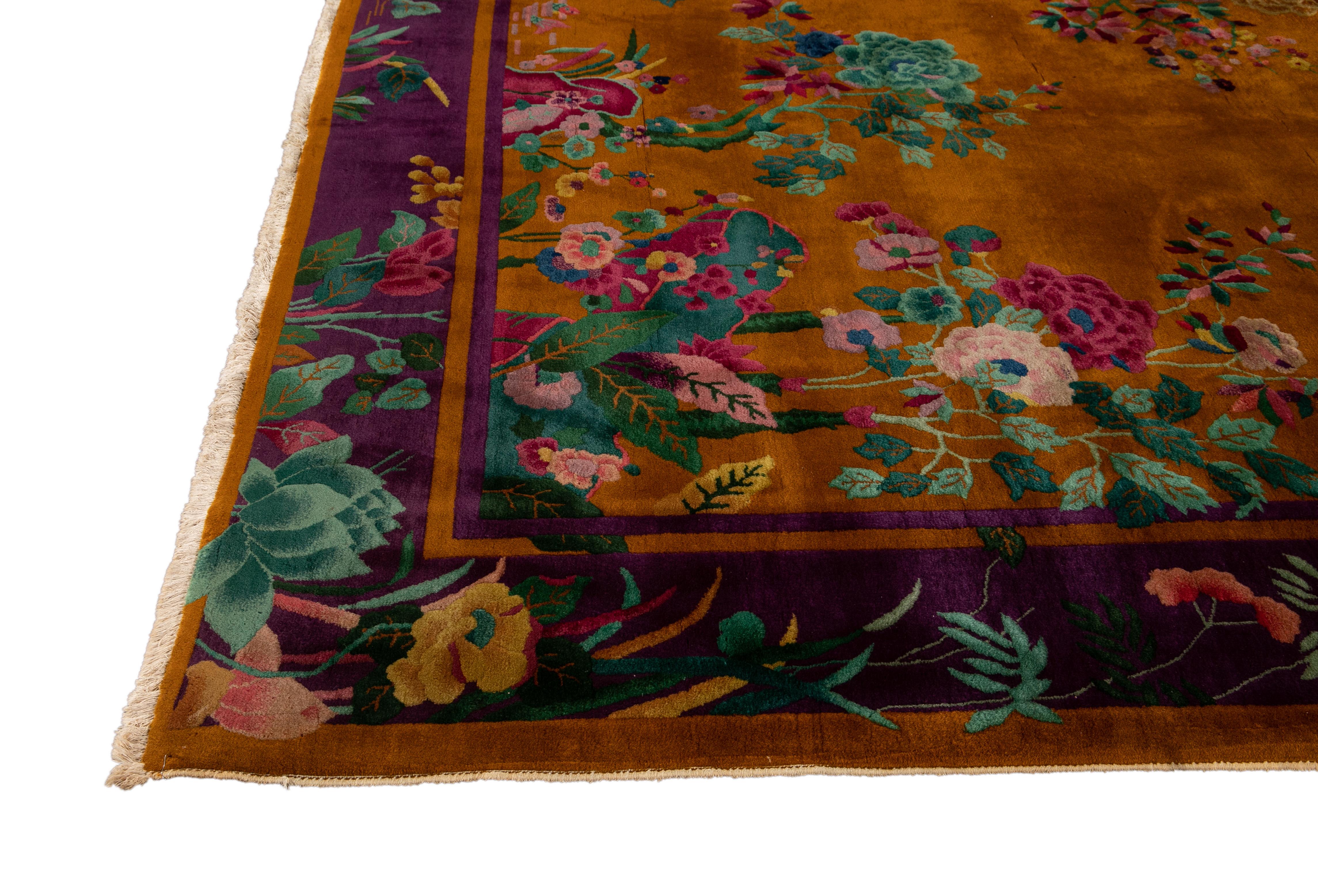 Hand-Knotted Antique Art Deco Orange and Purple Chinese Handmade Floral Wool Rug