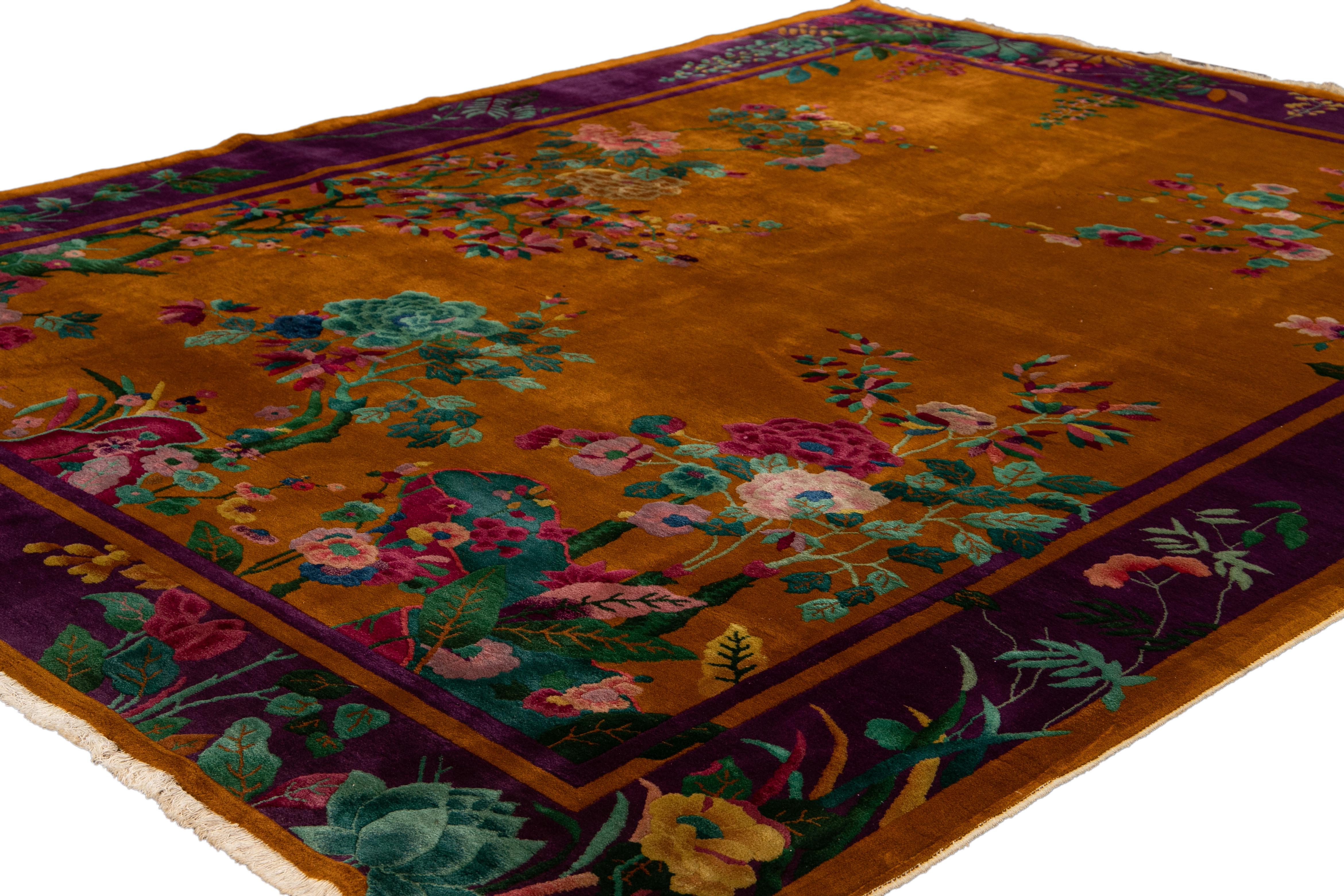 Antique Art Deco Orange and Purple Chinese Handmade Floral Wool Rug In Good Condition In Norwalk, CT