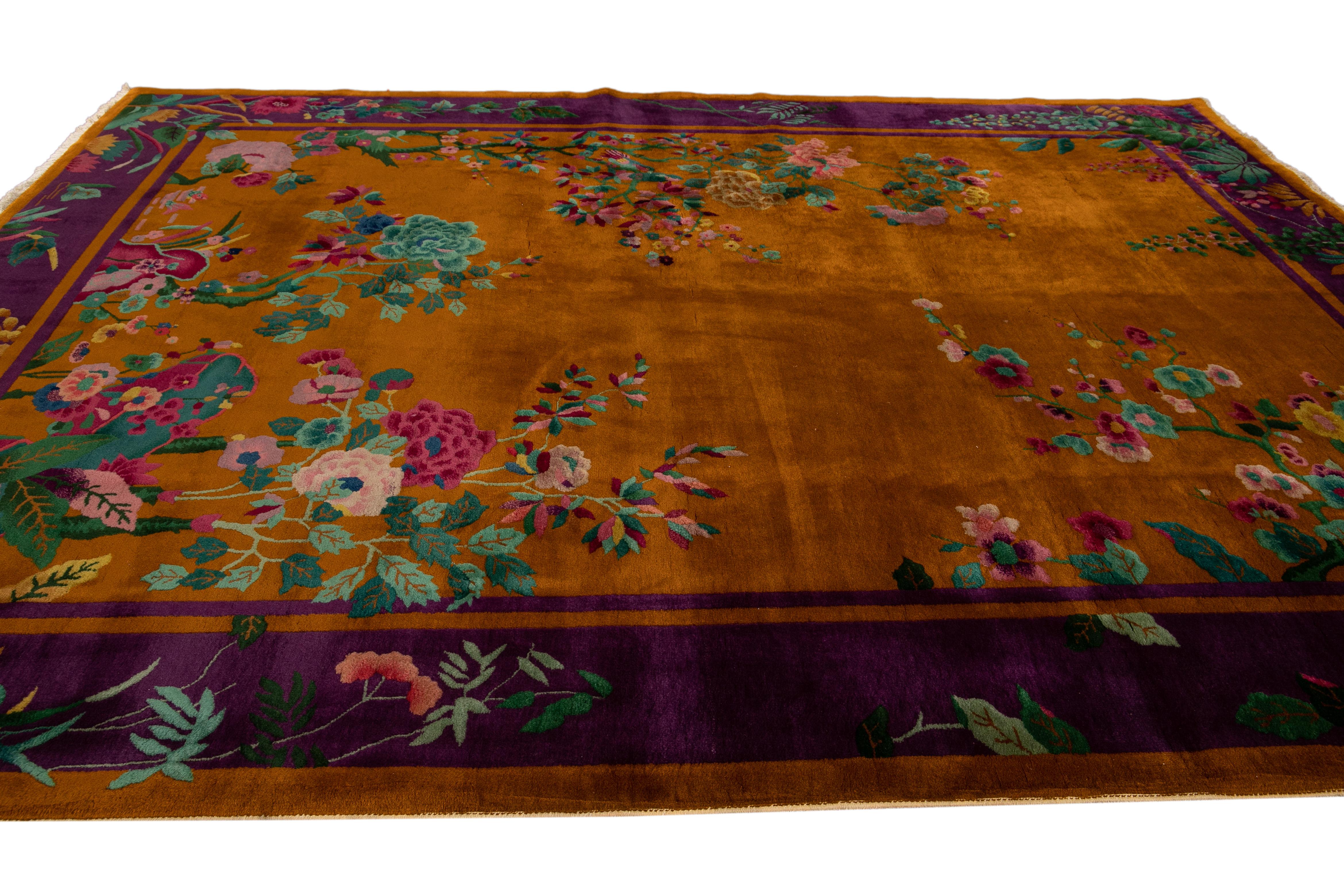 20th Century Antique Art Deco Orange and Purple Chinese Handmade Floral Wool Rug