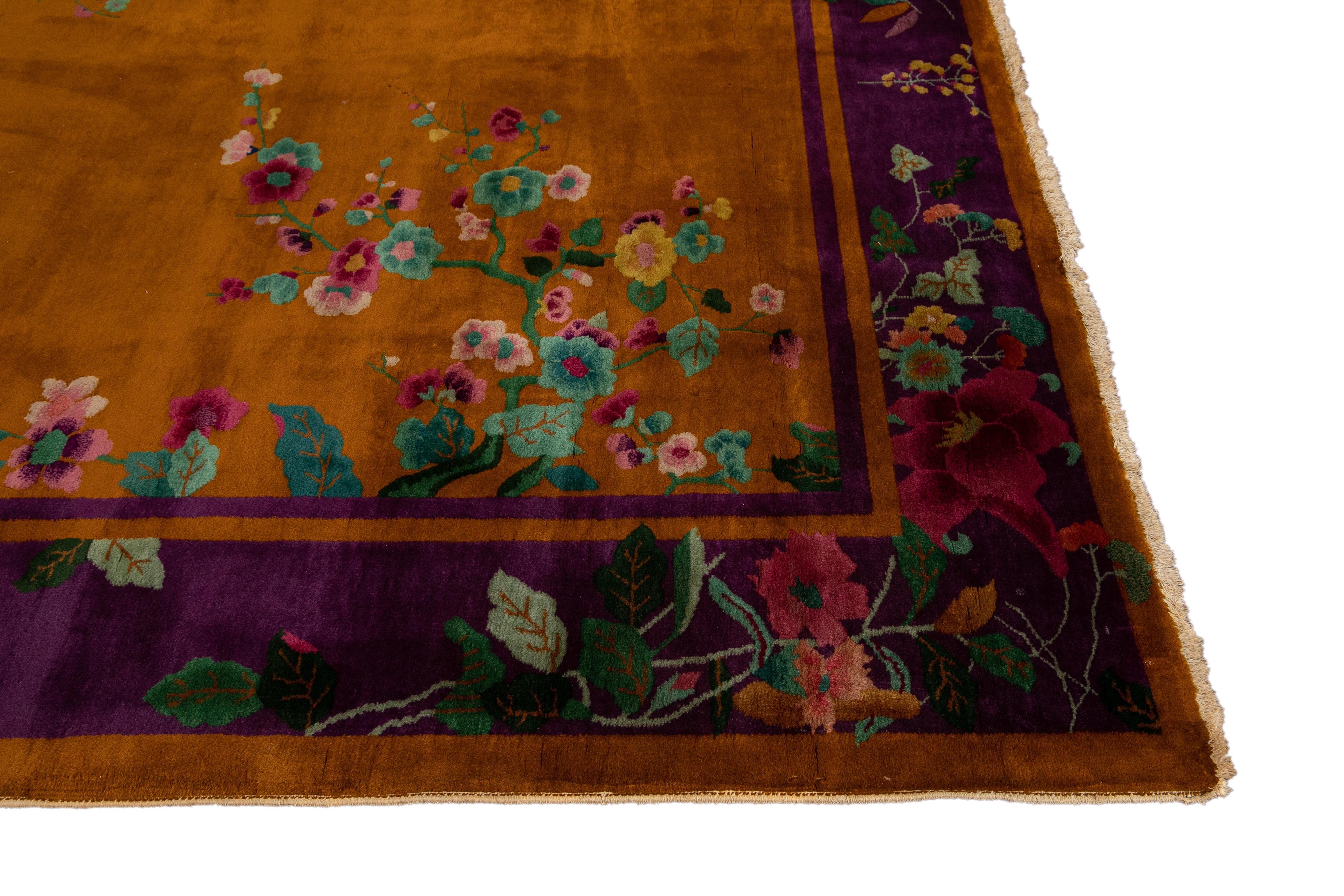 Other Antique Art Deco Orange and Purple Chinese Handmade Floral Wool Rug