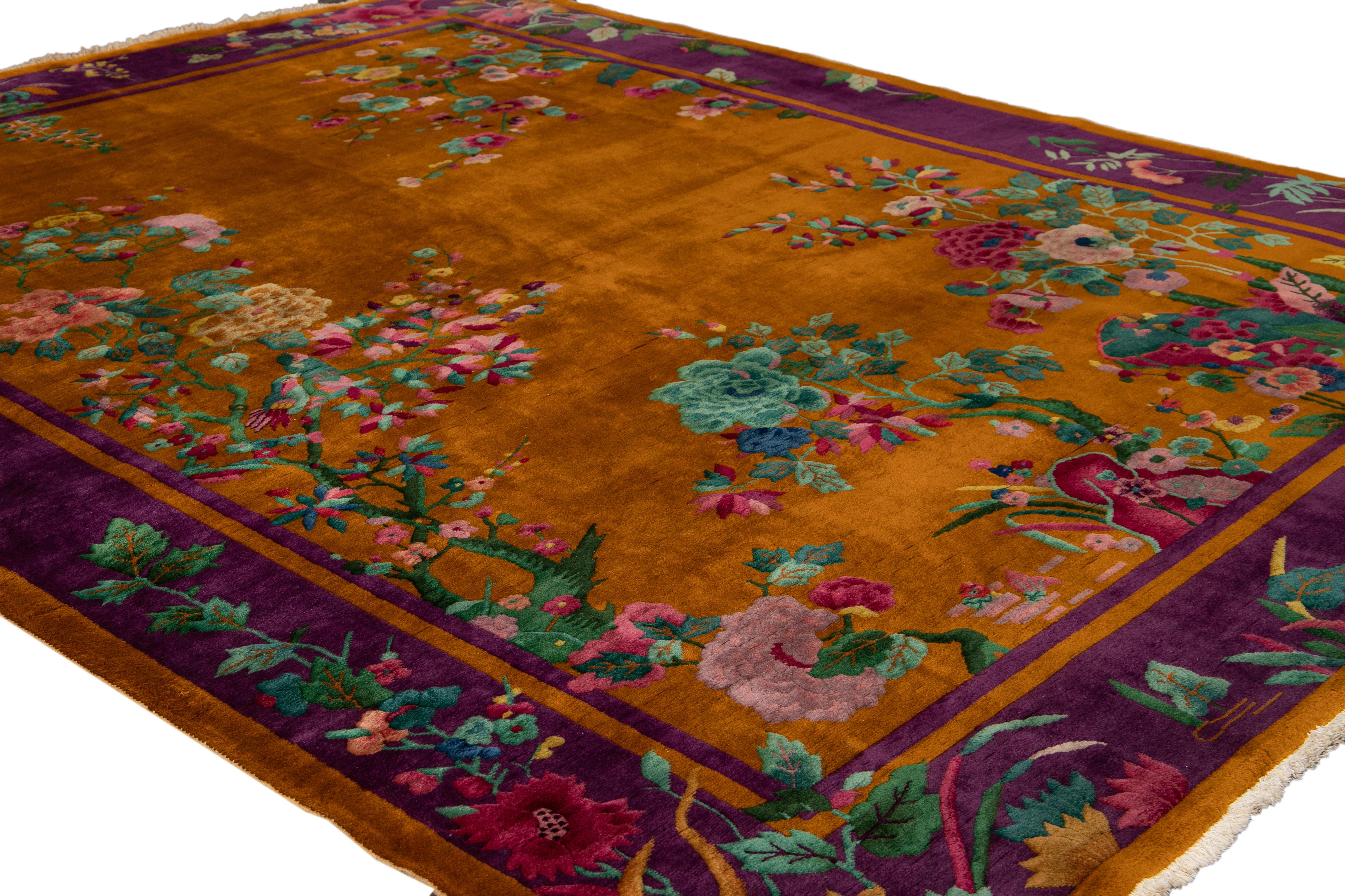 Antique Art Deco Orange and Purple Chinese Handmade Floral Wool Rug 1