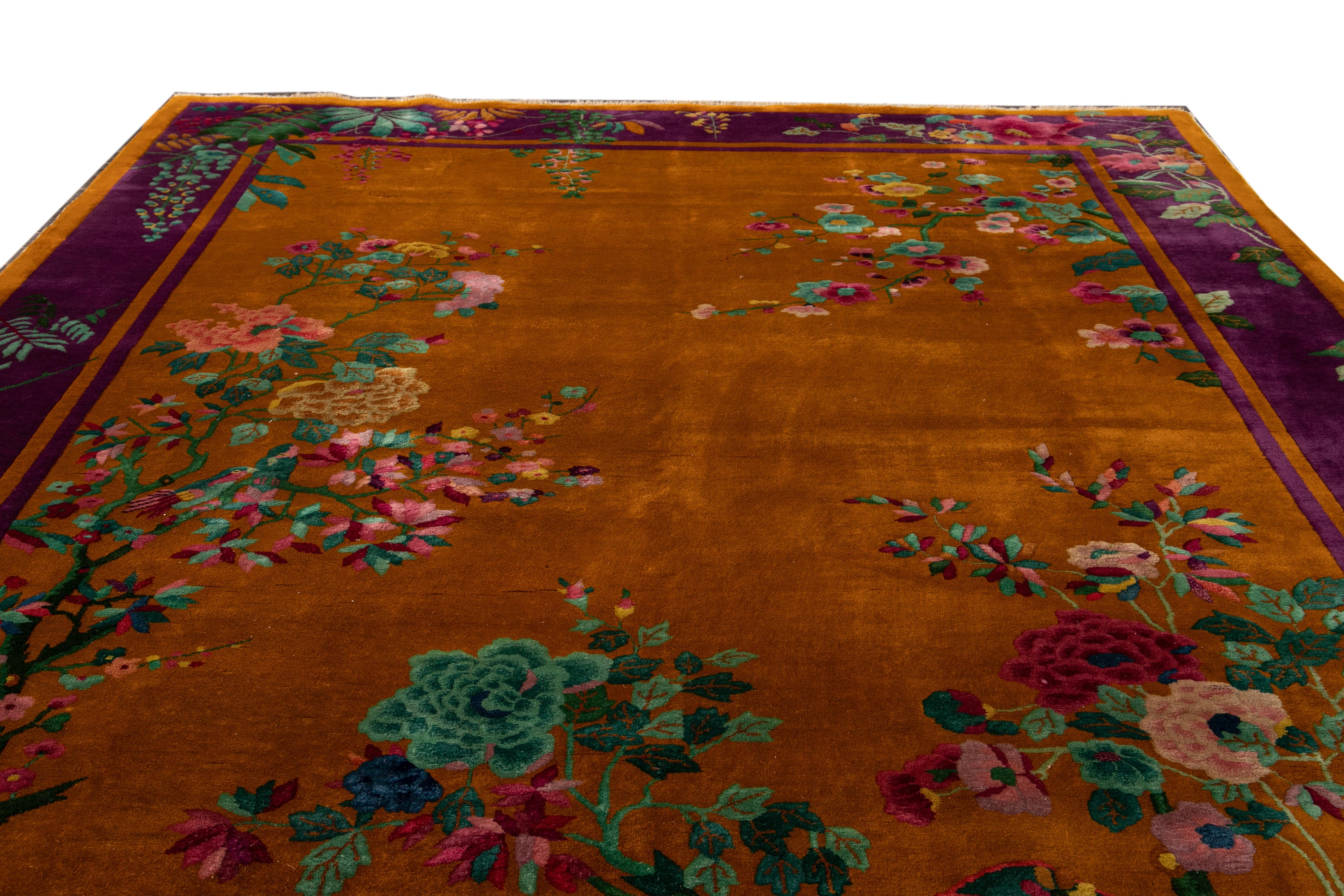 Antique Art Deco Orange and Purple Chinese Handmade Floral Wool Rug 2