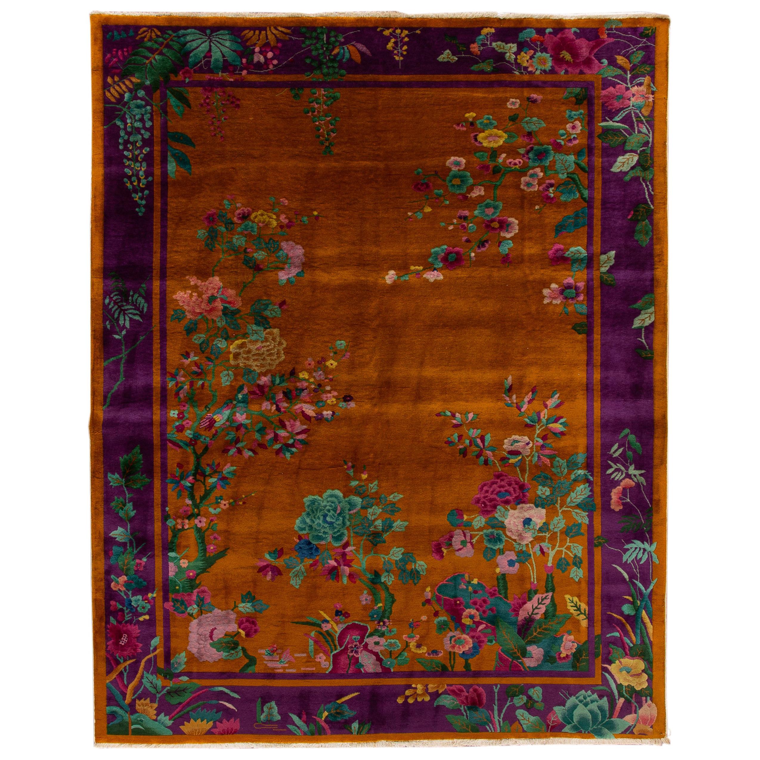 Antique Art Deco Orange and Purple Chinese Handmade Floral Wool Rug
