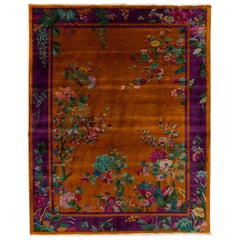 Antique Art Deco Orange and Purple Chinese Handmade Floral Wool Rug