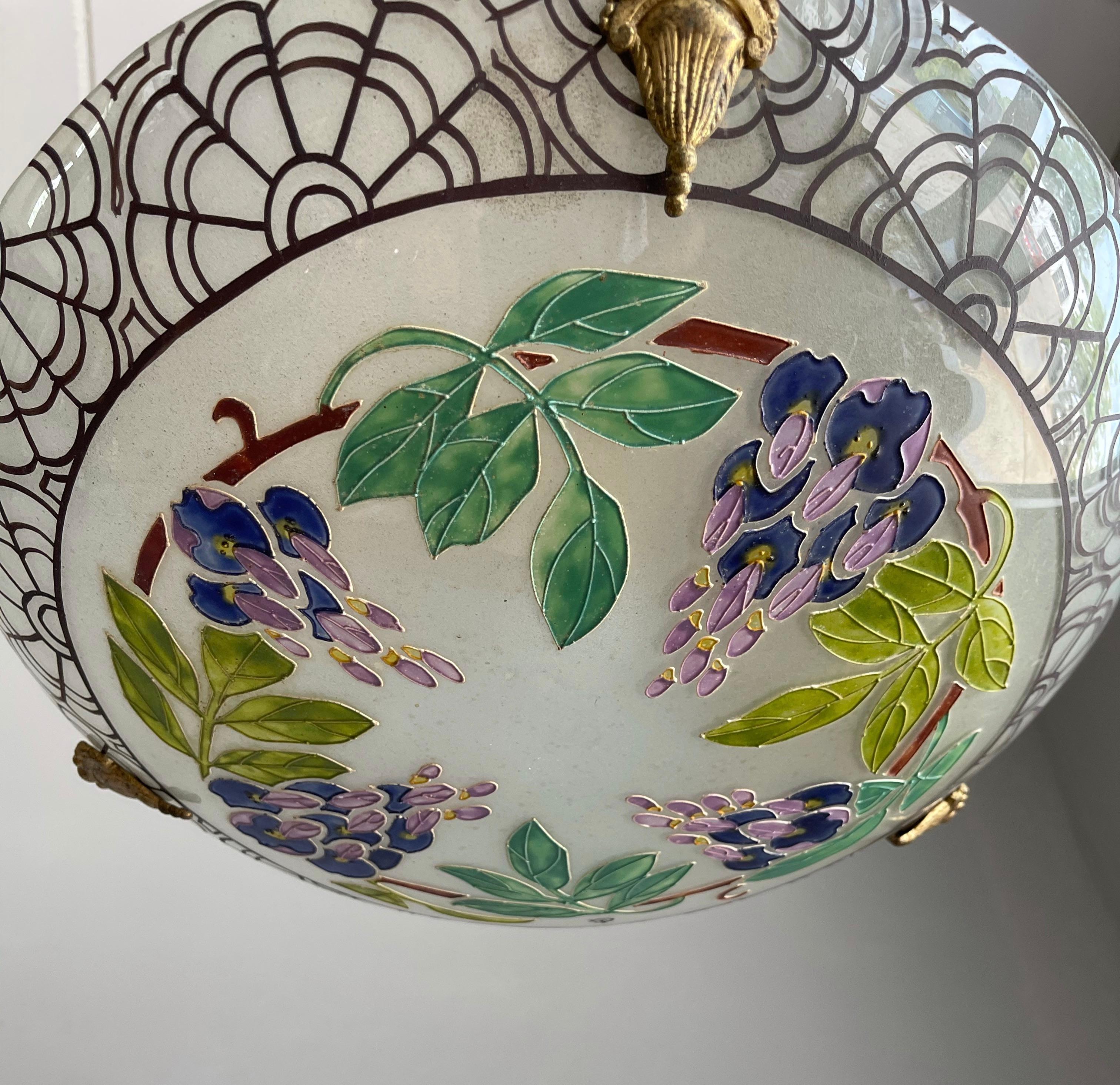 Art Deco Organic & Vibrant Wisteria Plant Design Enameled Glass Pendant Light For Sale 2