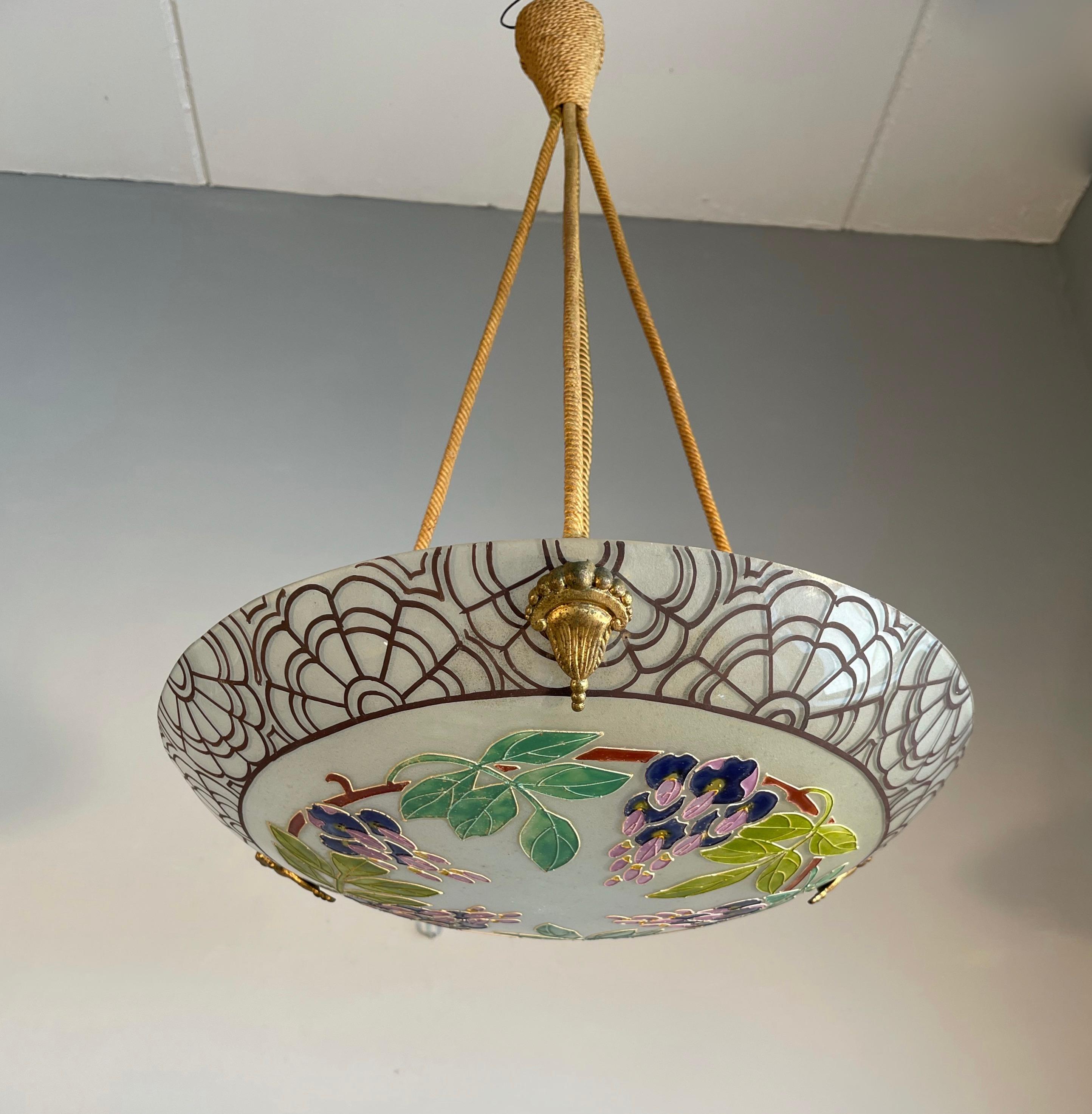 Art Deco Organic & Vibrant Wisteria Plant Design Enameled Glass Pendant Light For Sale 3