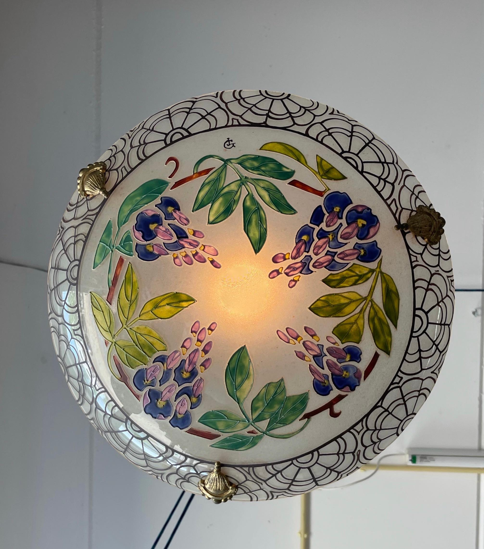 Art Deco Organic & Vibrant Wisteria Plant Design Enameled Glass Pendant Light For Sale 7