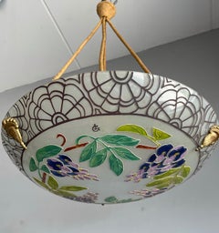 Art Deco Organic & Vibrant Wisteria Plant Design Enameled Glass Pendant Light