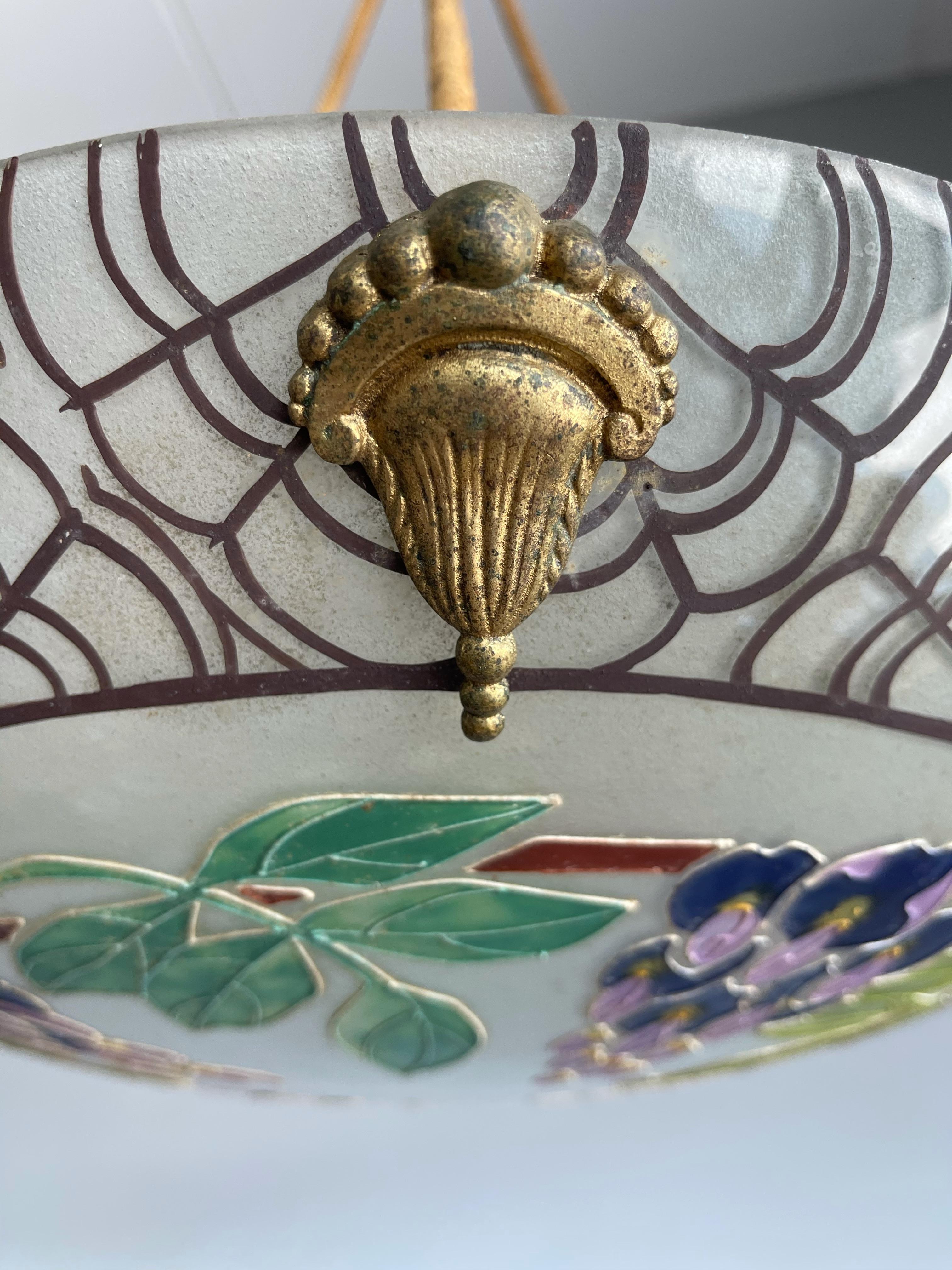 French Art Deco Organic & Vibrant Wisteria Plant Design Enameled Glass Pendant Light For Sale