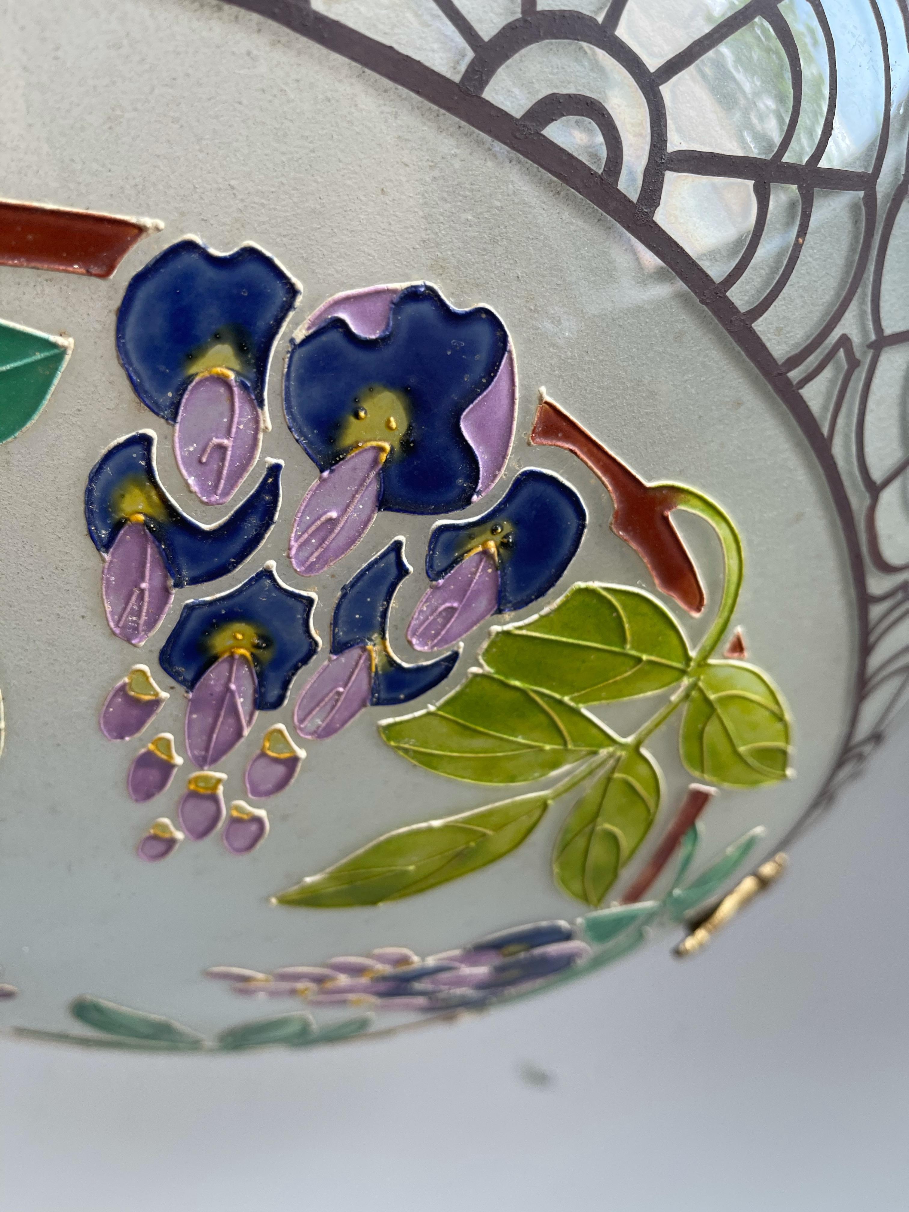20th Century Art Deco Organic & Vibrant Wisteria Plant Design Enameled Glass Pendant Light For Sale
