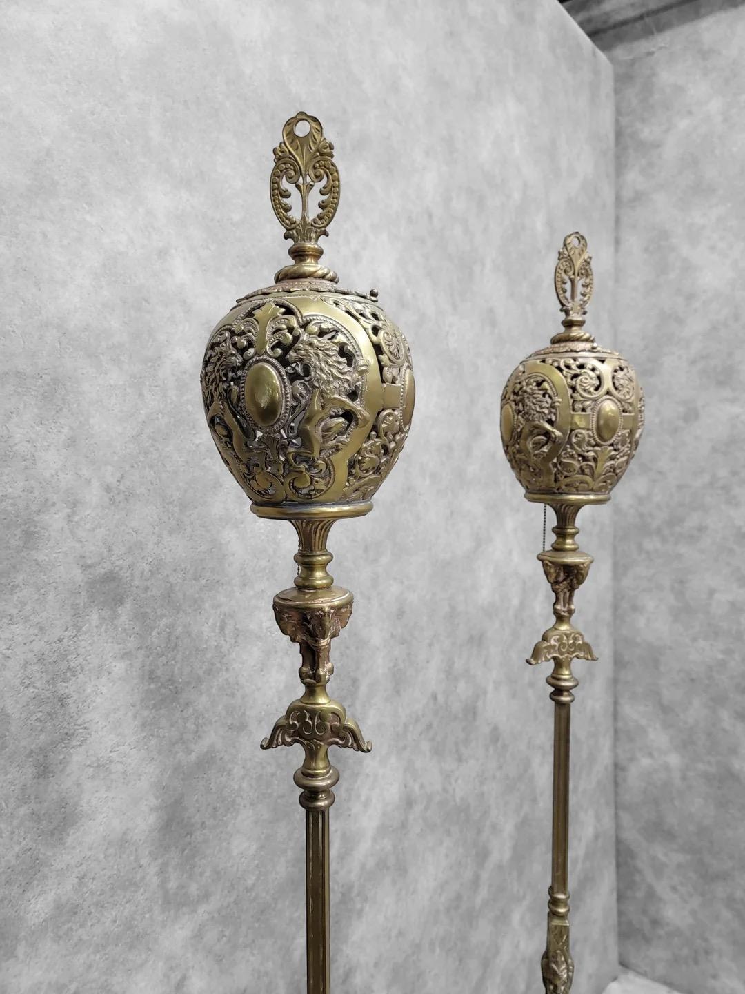 20th Century Antique Art Deco Oscar Bruno Bach Detailed Figural Bronze Floor Lamps - Pair For Sale