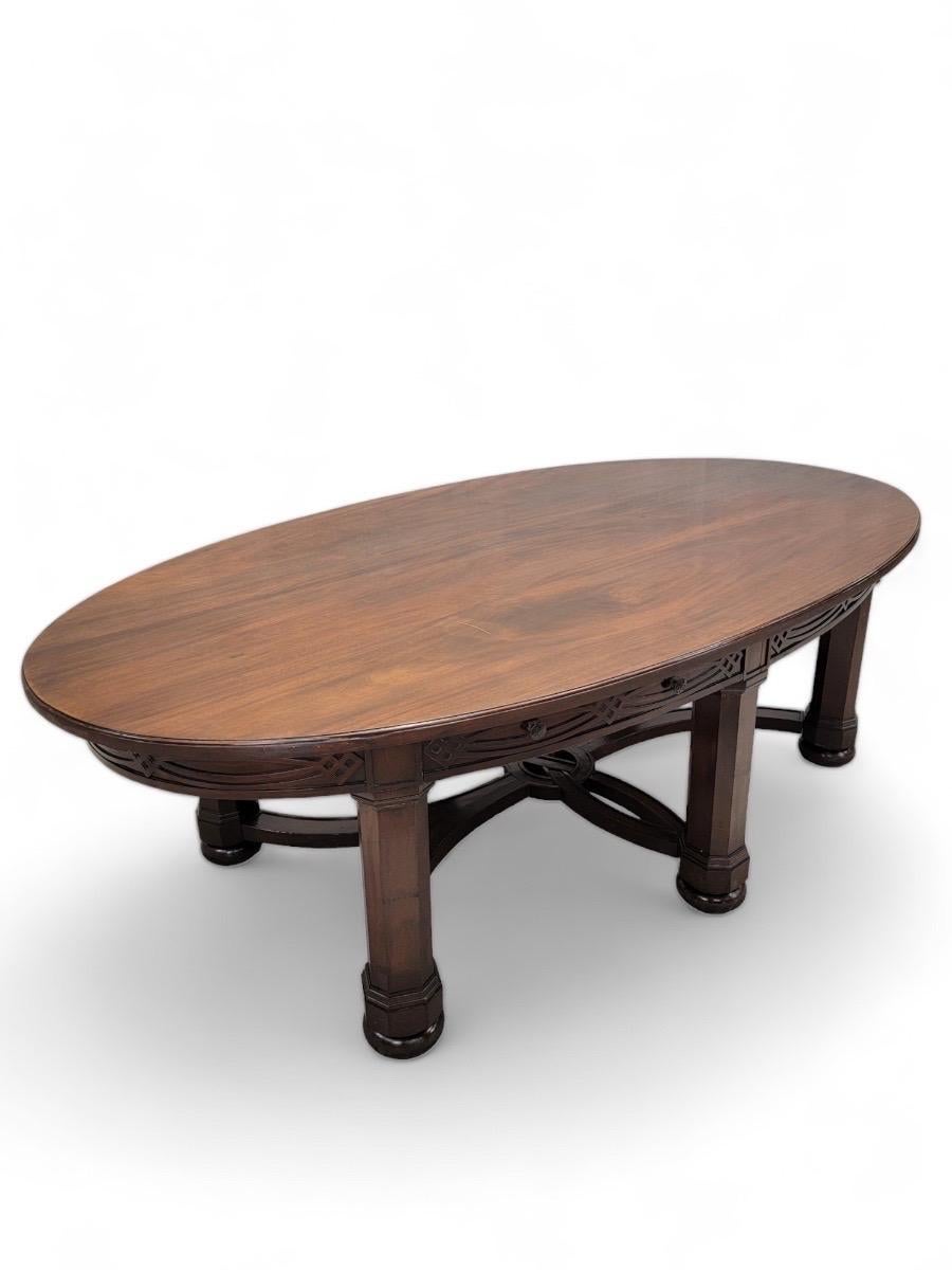 Antique Art Deco Oval Mahogany 6 Columned Leg Original American Fore Building Architect Custom Designed Library Table

This mahogany oval table has thick, carved column legs and two drawers. This rare antique Art Deco piece is an original Chicago
