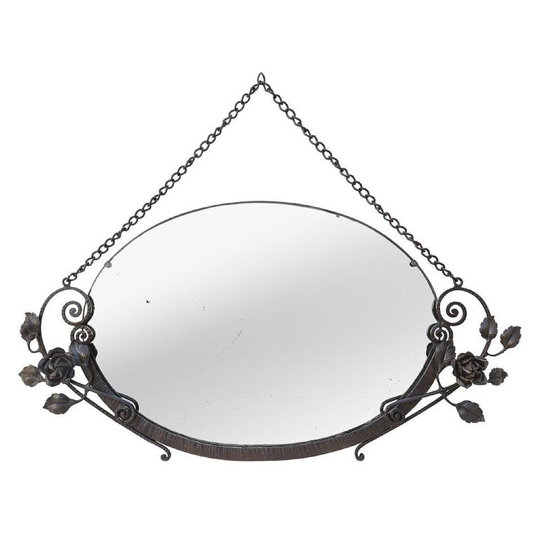 Antique Art Deco Oval Wrought Iron Mirror, 1931 For Sale at 1stDibs
