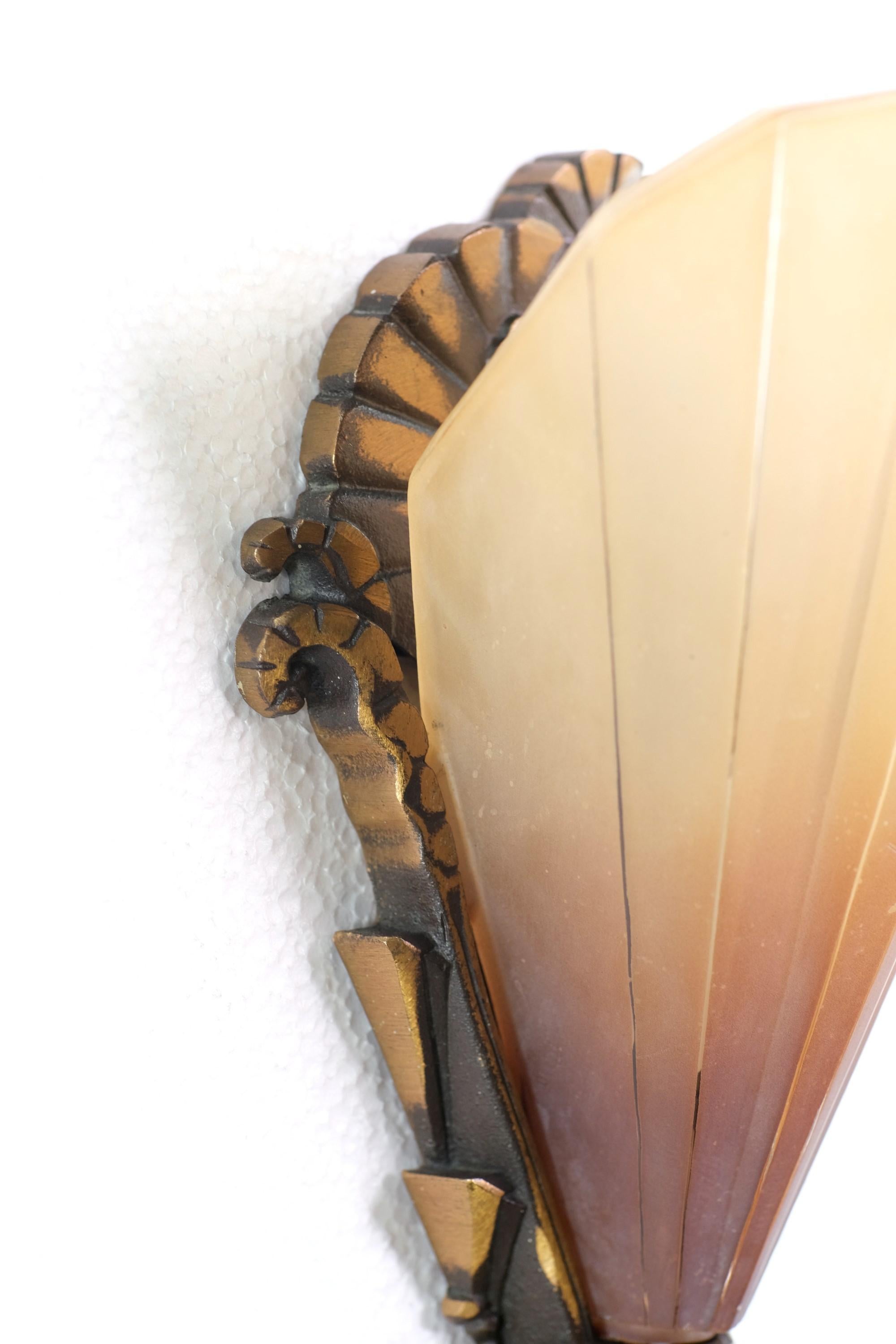 20th Century Antique Art Deco Pair Brass Tan Slip Shade Wall Sconces
