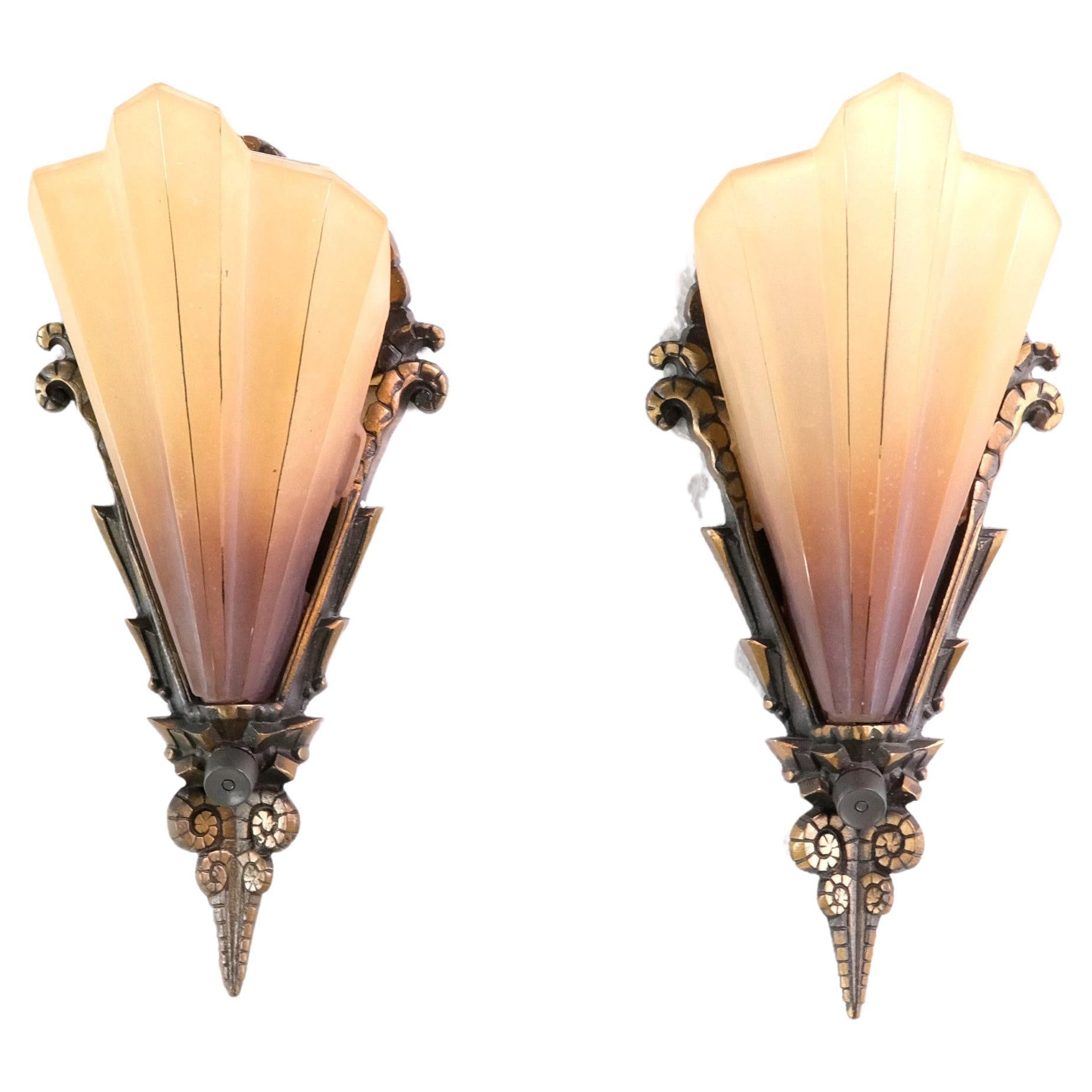 Antique Art Deco Pair Brass Tan Slip Shade Wall Sconces