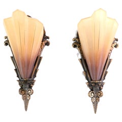 Antique Art Deco Pair Brass Tan Slip Shade Wall Sconces