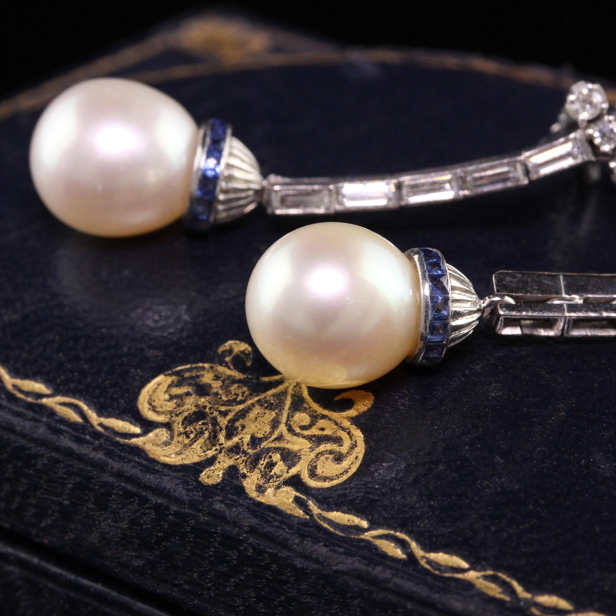 Baguette Cut Antique Art Deco Palladium Diamond Sapphire Pearl Drop Earrings