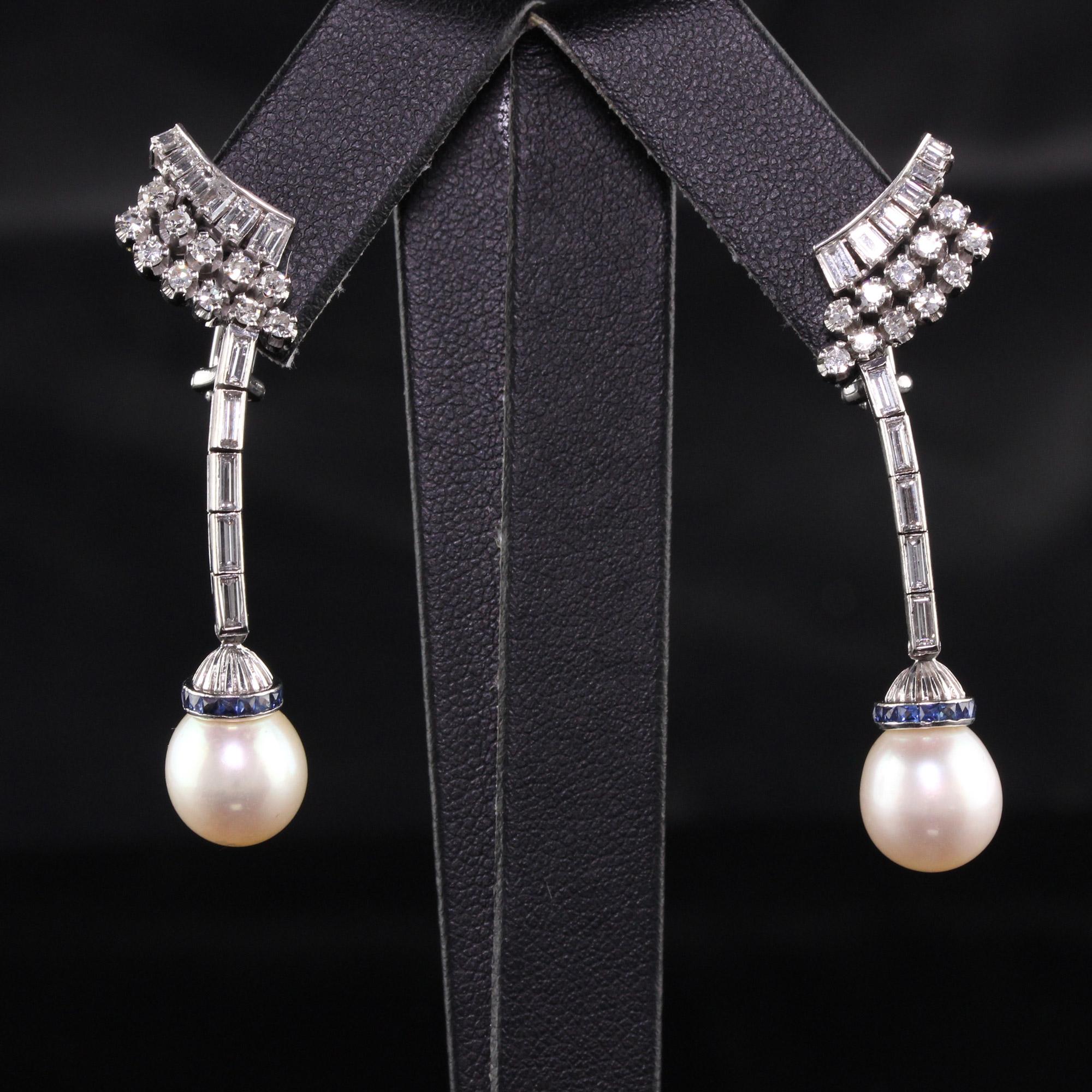 Antique Art Deco Palladium Diamond Sapphire Pearl Drop Earrings In Good Condition In Great Neck, NY