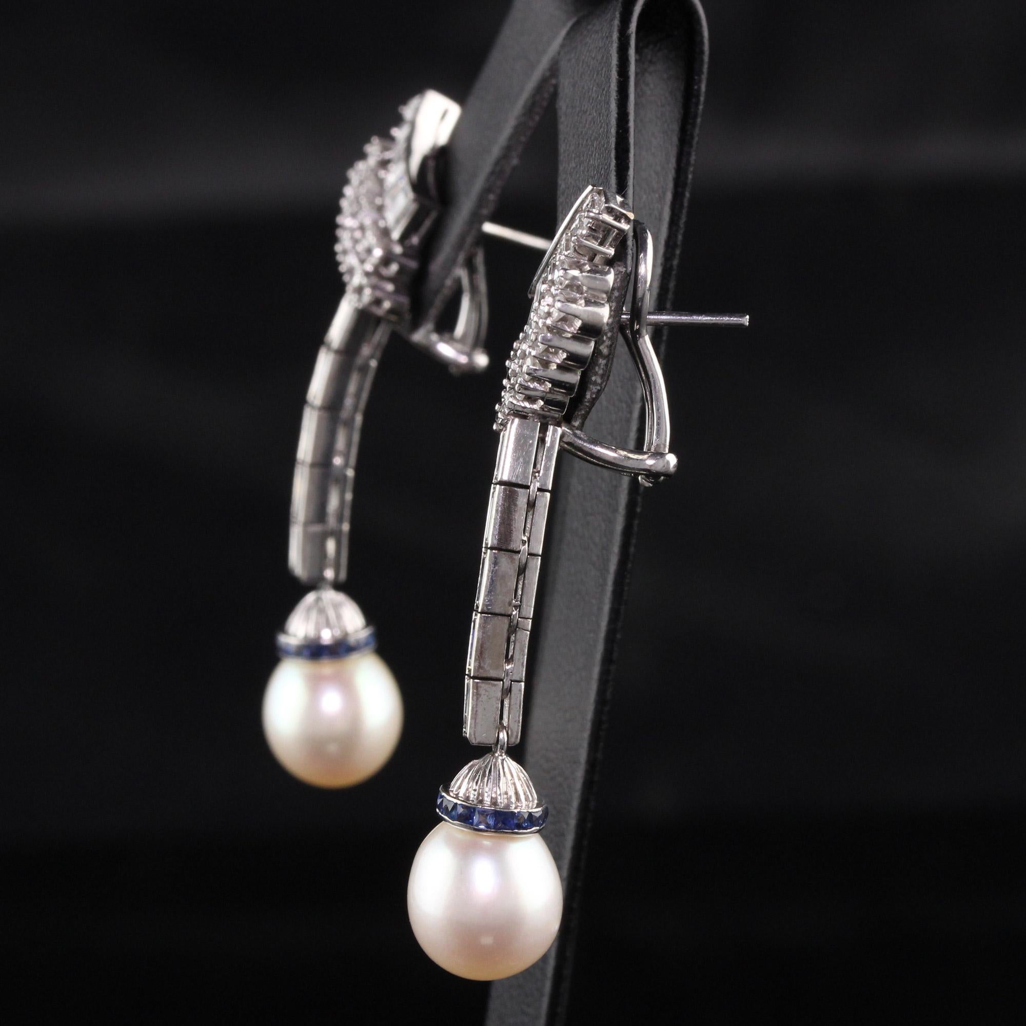 Women's Antique Art Deco Palladium Diamond Sapphire Pearl Drop Earrings