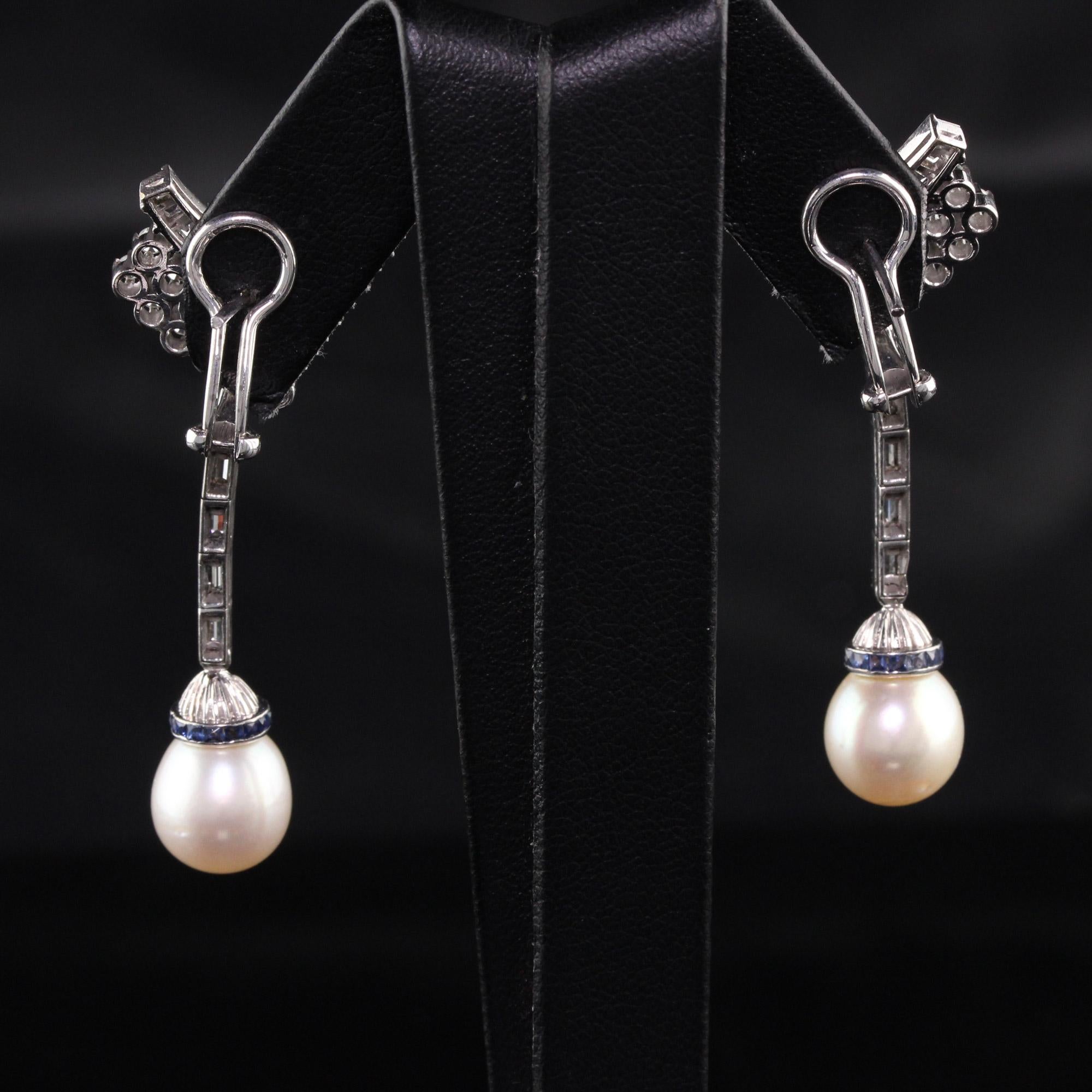 Antique Art Deco Palladium Diamond Sapphire Pearl Drop Earrings 1