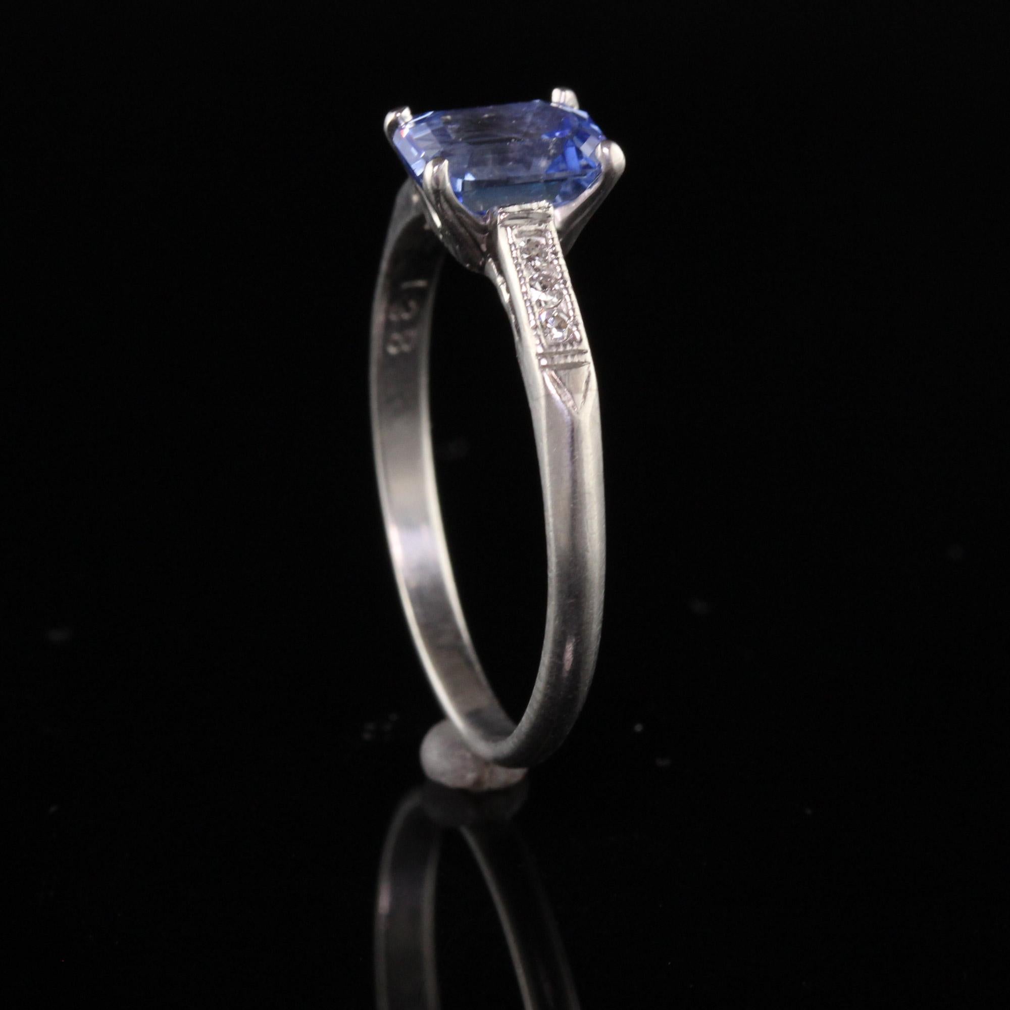 Antique Art Deco Palladium Emerald Cut Sapphire Diamond Engagement Ring In Good Condition In Great Neck, NY
