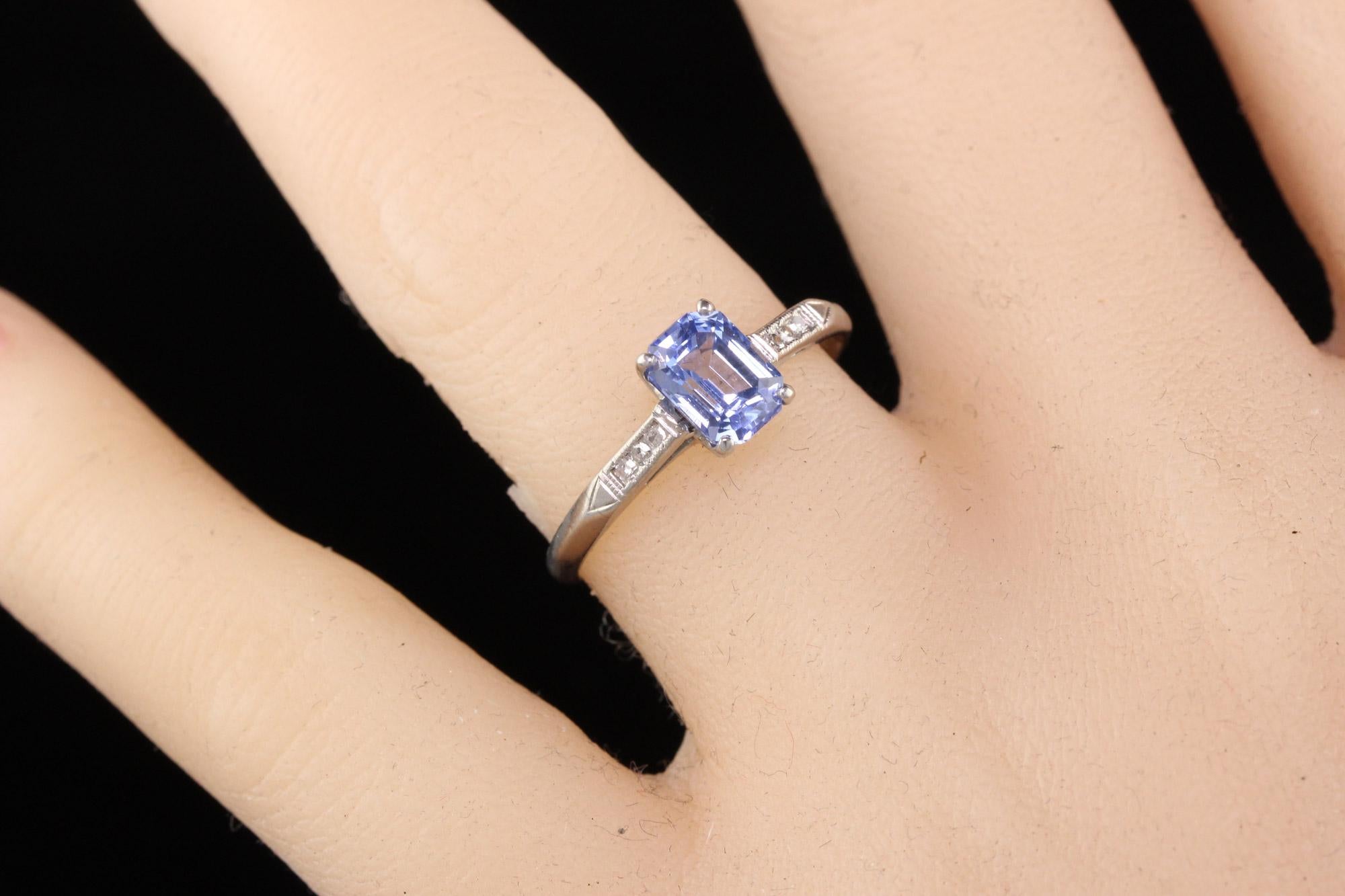 Women's Antique Art Deco Palladium Emerald Cut Sapphire Diamond Engagement Ring