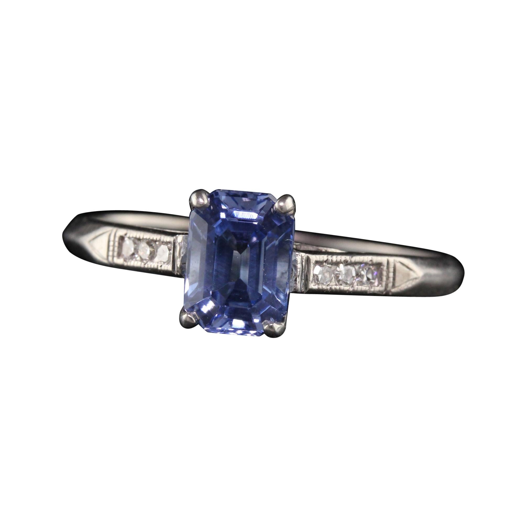 Antique Art Deco Palladium Emerald Cut Sapphire Diamond Engagement Ring