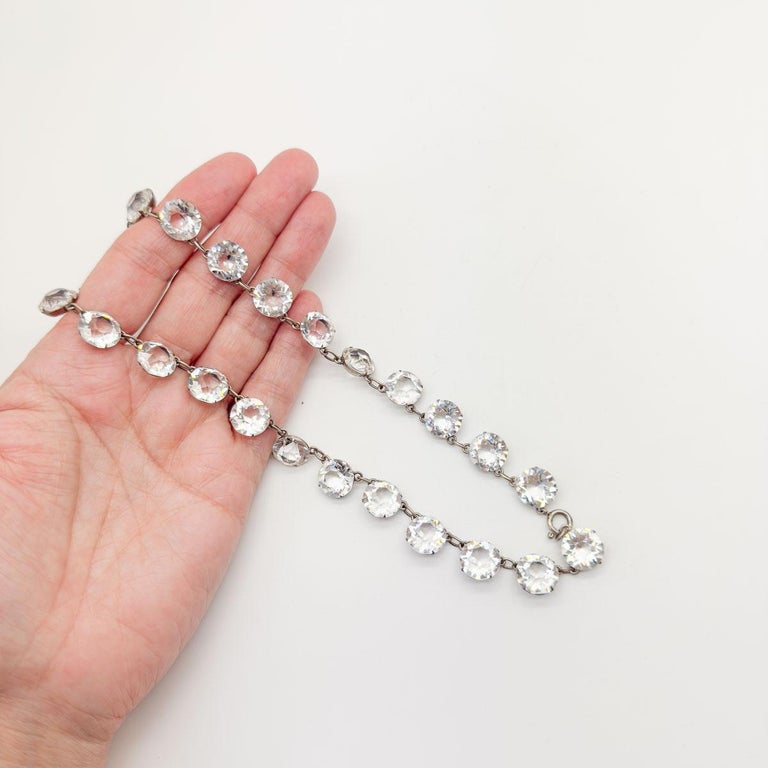 Collier Art Déco Années 1930 En Argent 925 - Rivière De Strass Brillants - Bijou Ancien Ras Du Cou