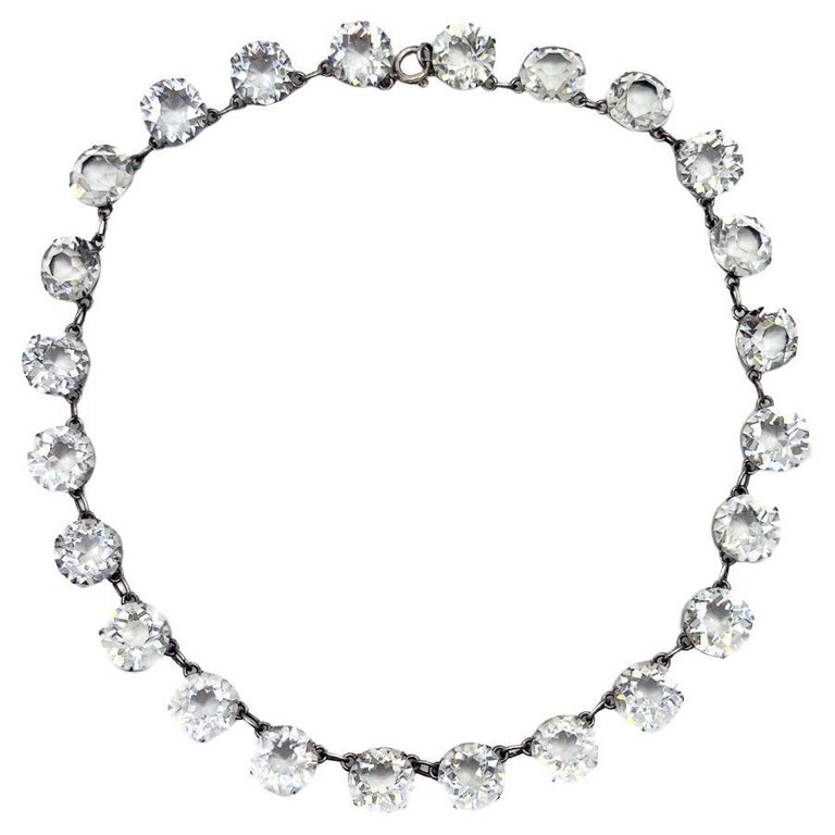Collier Ancien Art Déco Années 1930 - Argent 925 Et Strass Brillants, Style Rivière