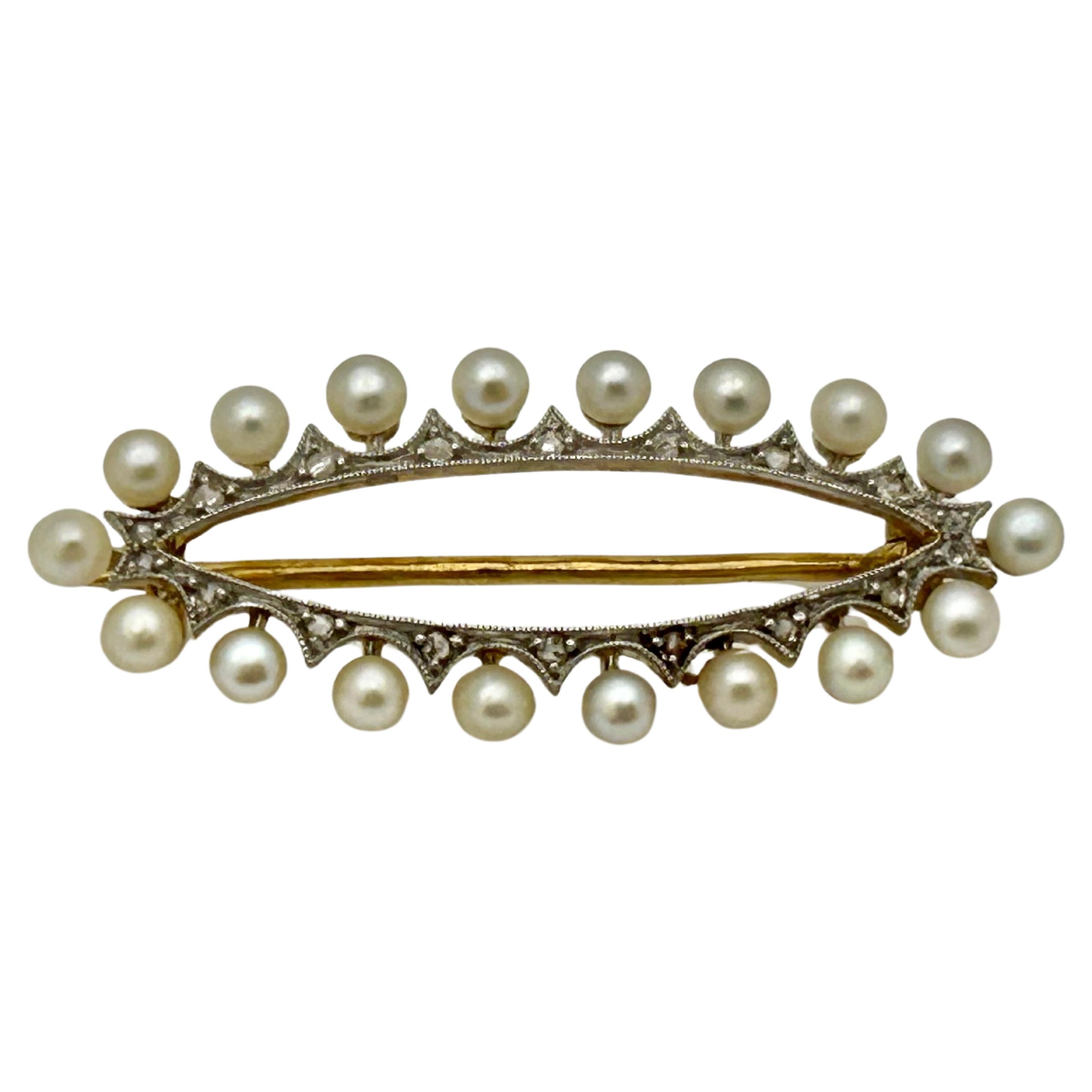 Antique Art Deco Pearl and Diamond 18ct Gold and Platinum Brooch   For Sale
