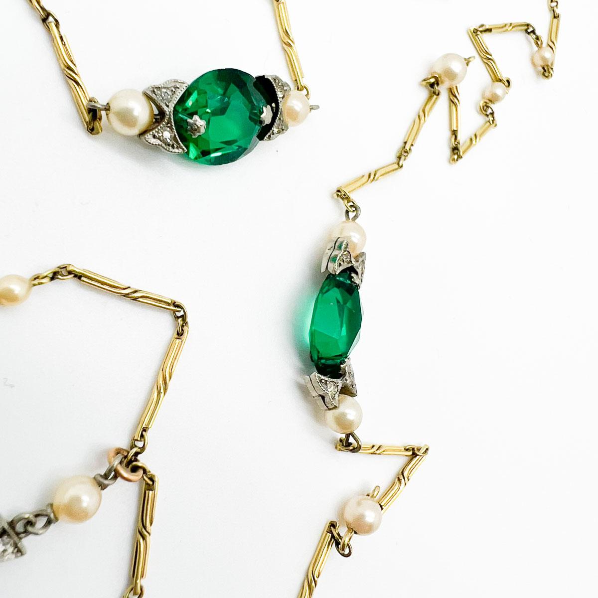Antique Art Deco Pearl Jade & Emerald Paste Lariat 1920s For Sale 1