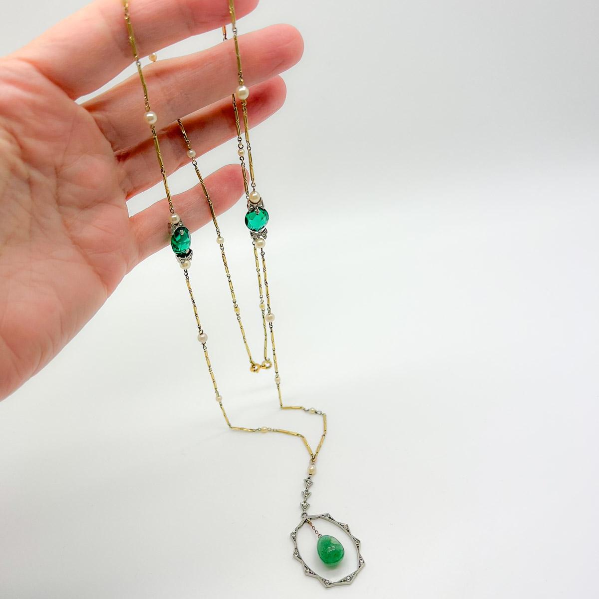 Antique Art Deco Pearl Jade & Emerald Paste Lariat 1920s For Sale 2