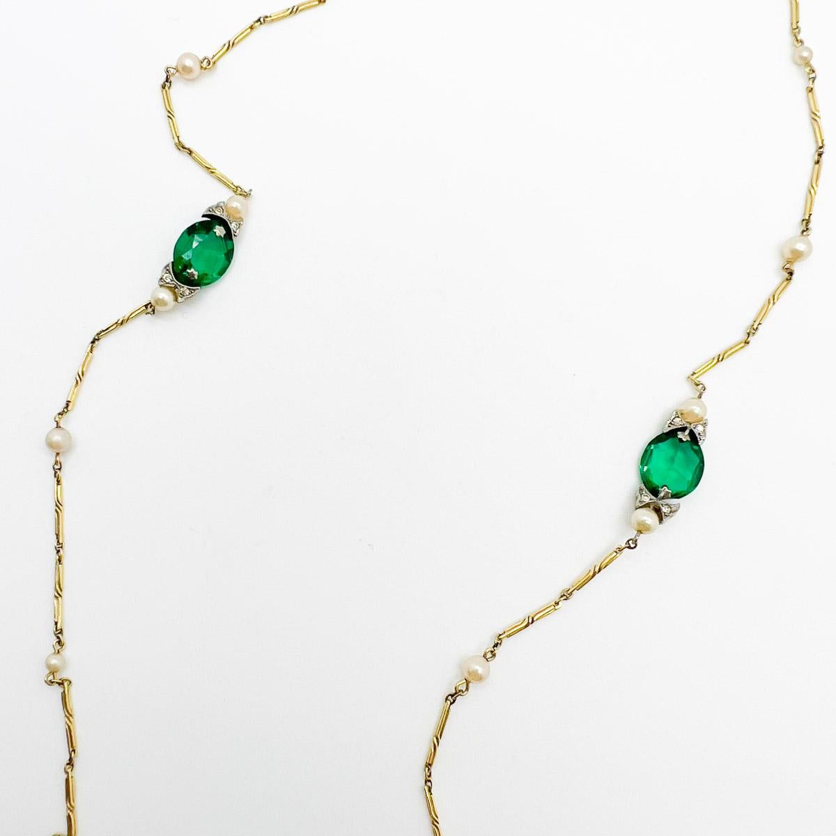 Antique Art Deco Pearl Jade & Emerald Paste Lariat 1920s For Sale 3