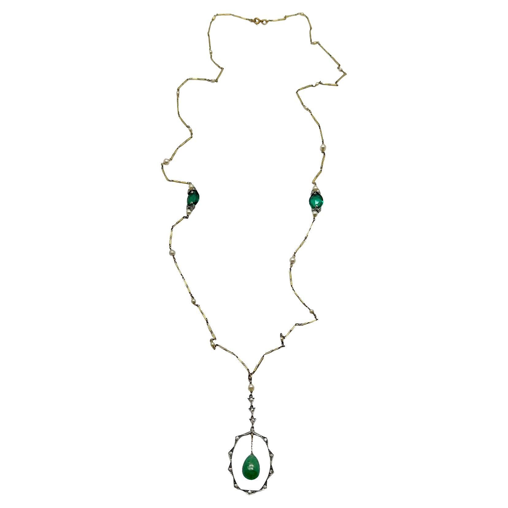 Antique Art Deco Pearl Jade & Emerald Paste Lariat 1920s For Sale