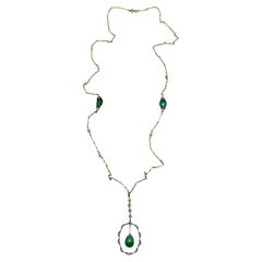 Retro Art Deco Pearl Jade & Emerald Paste Lariat 1920s