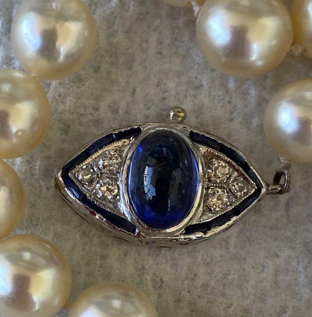 Antique Art Deco Pearl Necklace with Sapphire Clasp 2