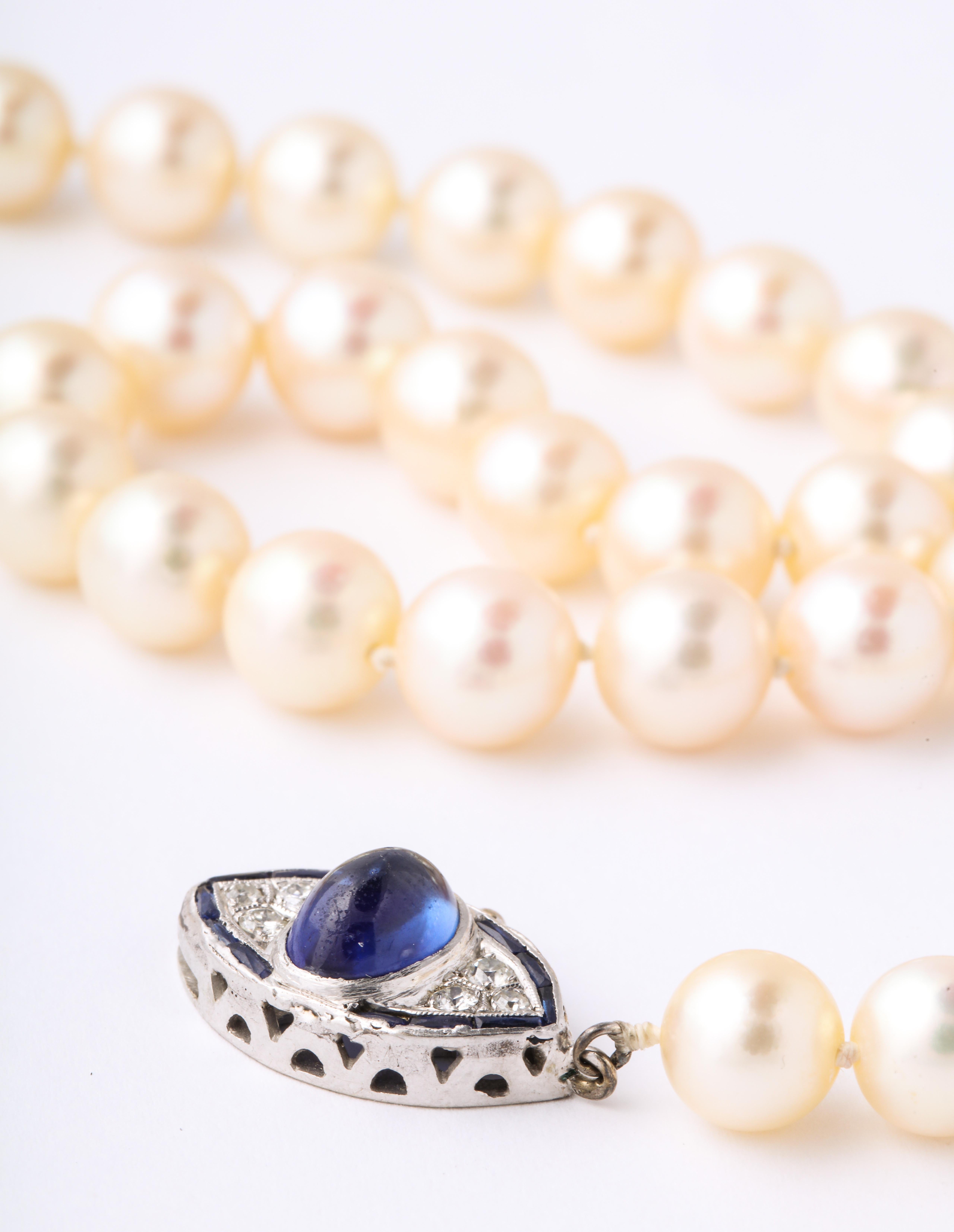 Mixed Cut Antique Art Deco Pearl Necklace with Sapphire Clasp