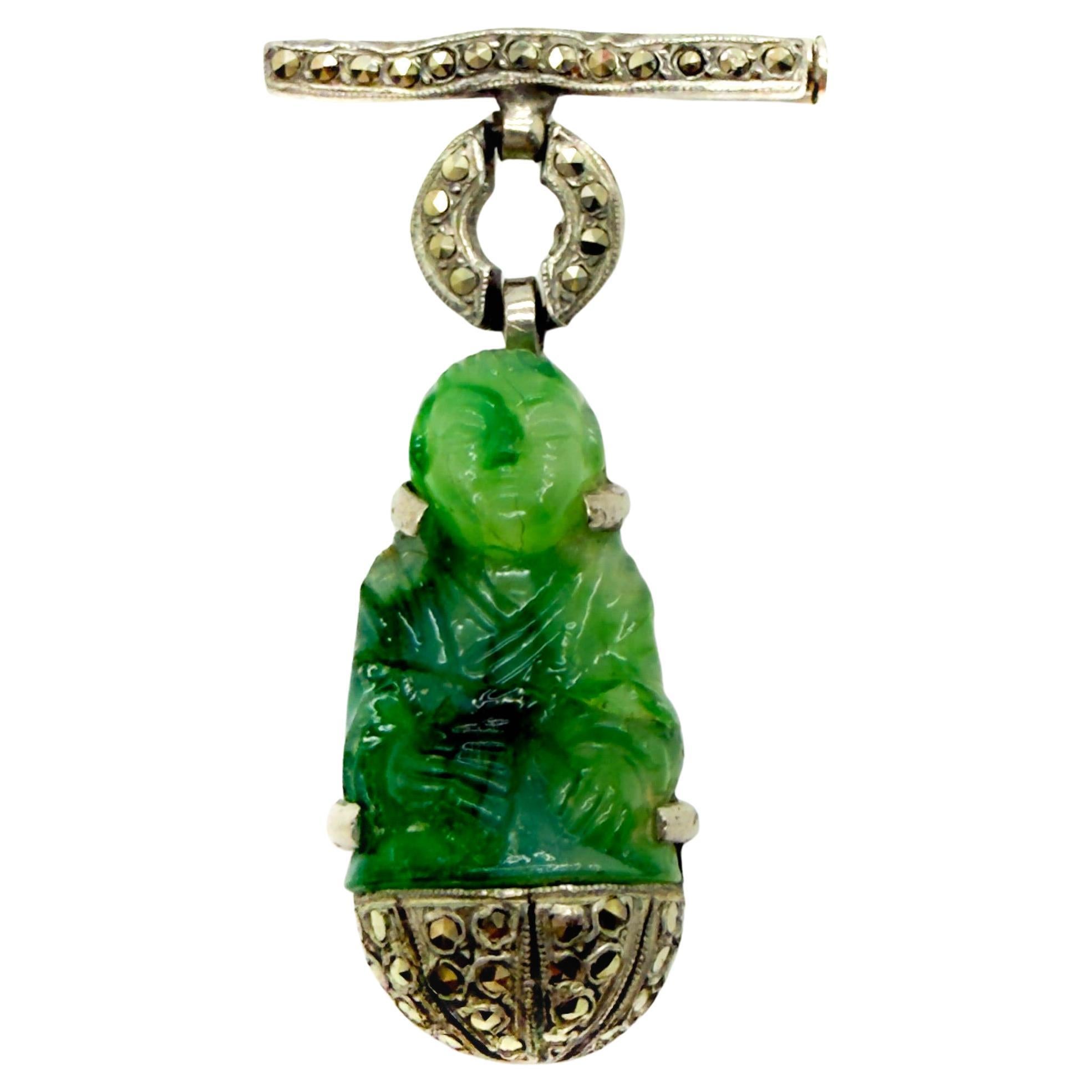 Antique Art Deco Peking Glass Buddha Brooch 1920s